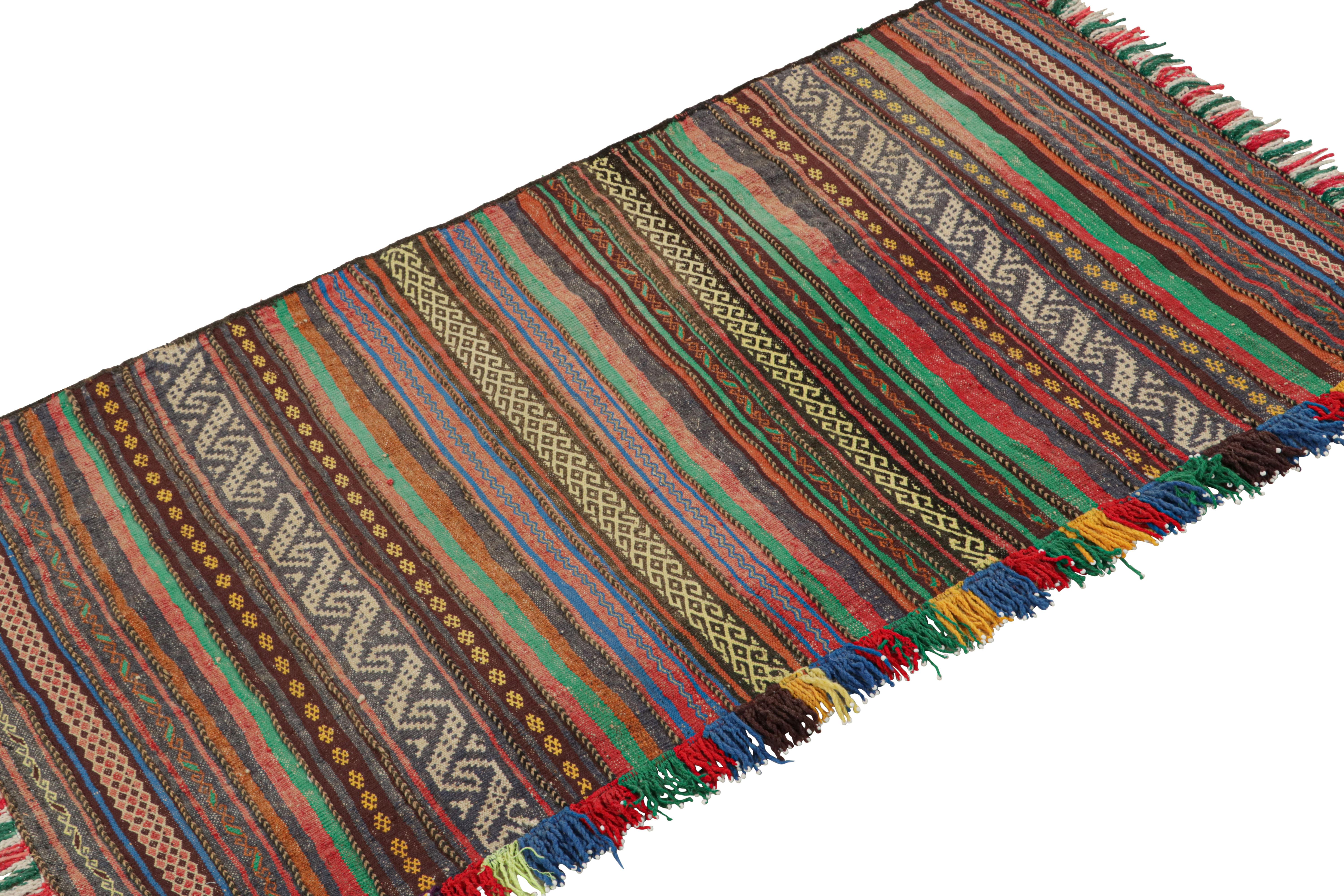 Handwoven in wool, this 2x4 vintage Afghan kilim rug originates circa 1950-1960—a tribal curation among new additions to the Rug & Kilim collection.

On the Design:

A polychromatic colorway with both rich and vibrant hues underscores both stripes