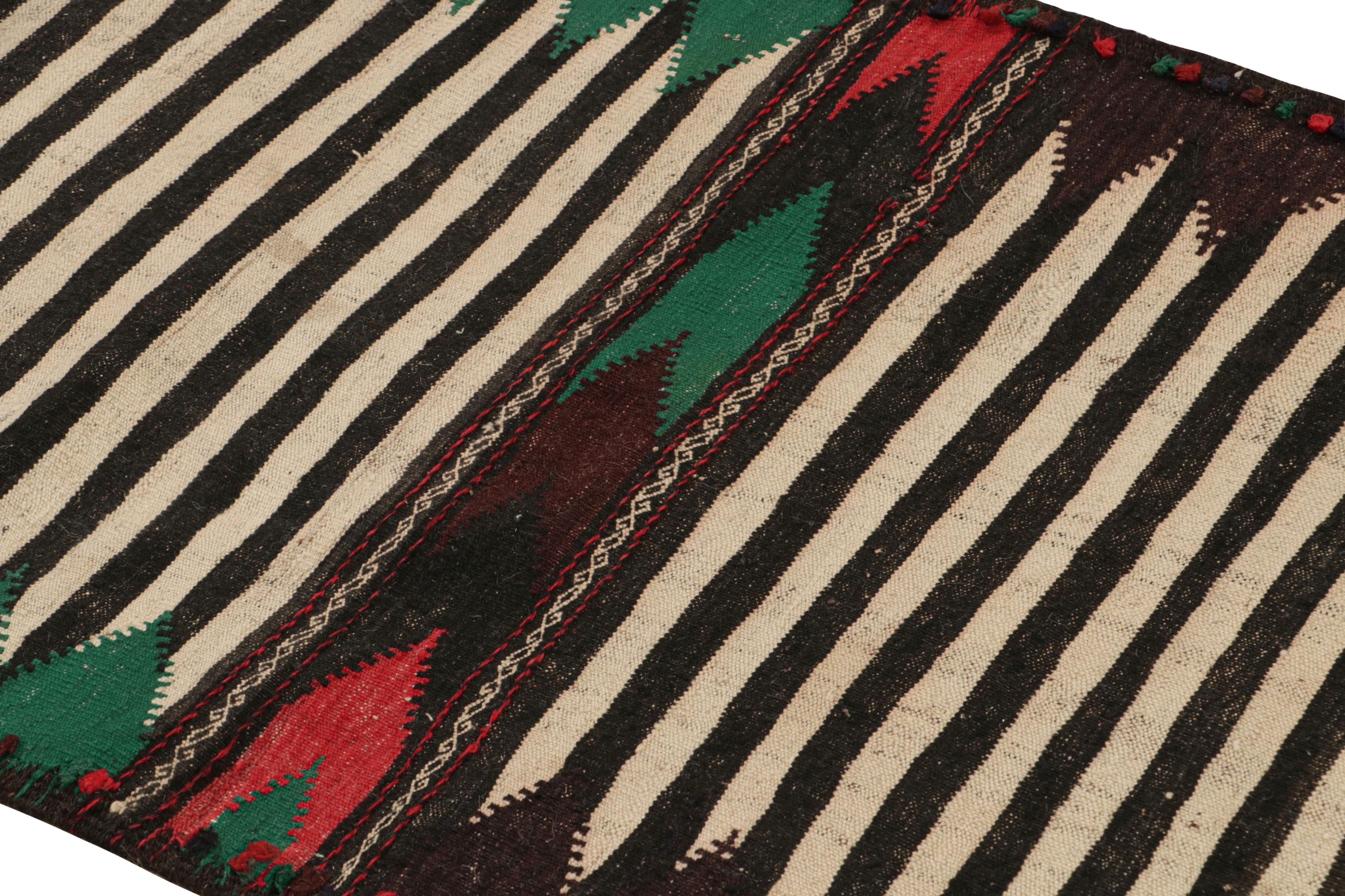 Handwoven in wool, this 2x5 vintage Afghan kilim rug originates circa 1950-1960—a tribal curation among new additions to the Rug & Kilim collection.

On the Design:

A polychromatic colorway with both rich and vibrant hues underscores both stripes