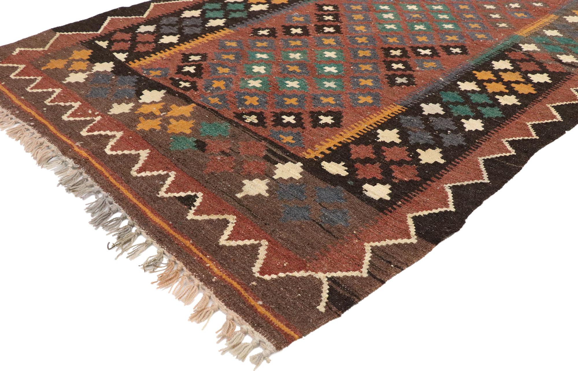 72250, vintage Afghan Kilim rug with Rustic Modern Pacific Northwest style. With its bold expressive design, incredible detail and texture, this handwoven wool vintage Afghan Kilim rug is a captivating vision of woven beauty. The abrashed brick red
