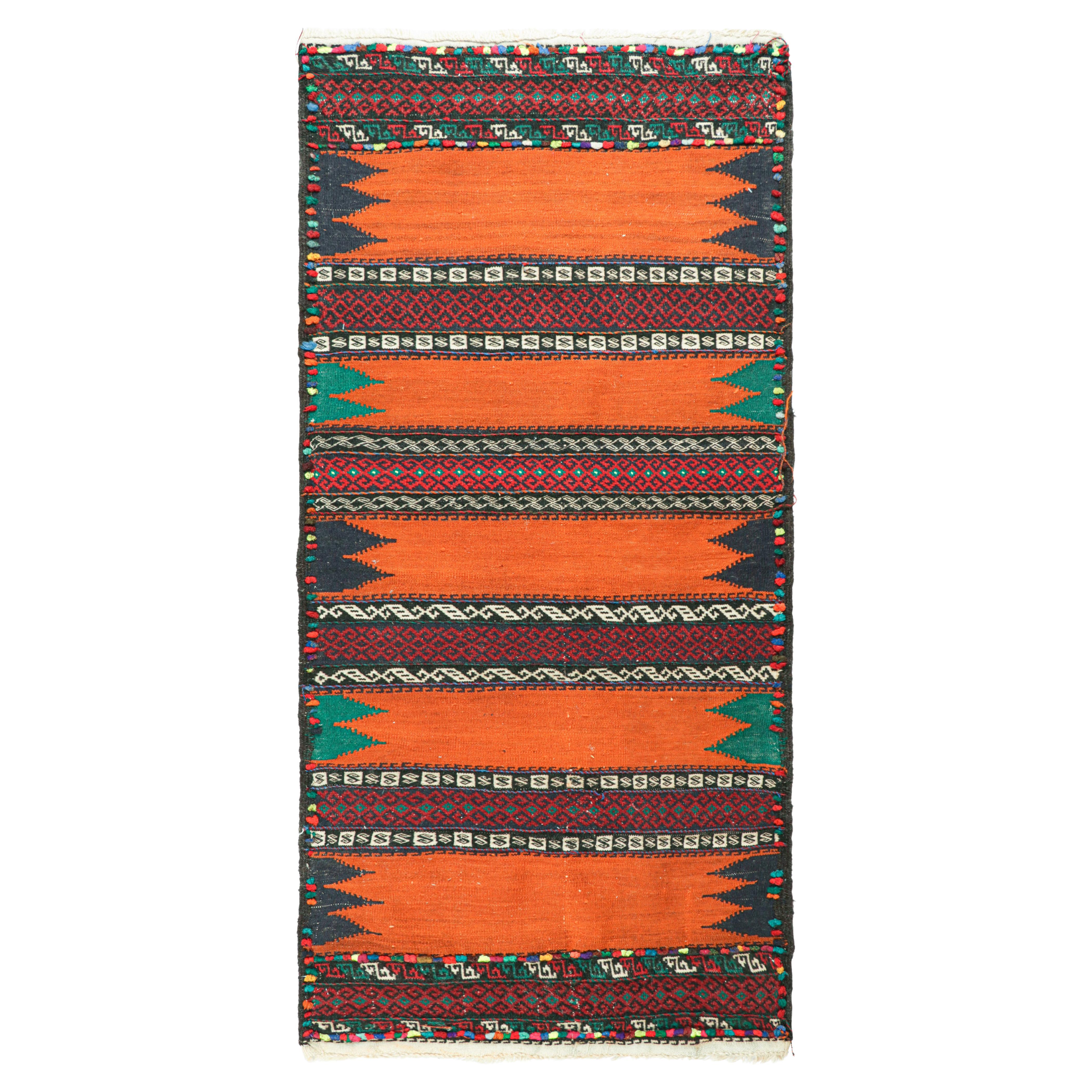 Vintage Afghan Kilim Runner in Orange with Geometric Patterns, from Rug & Kilim For Sale