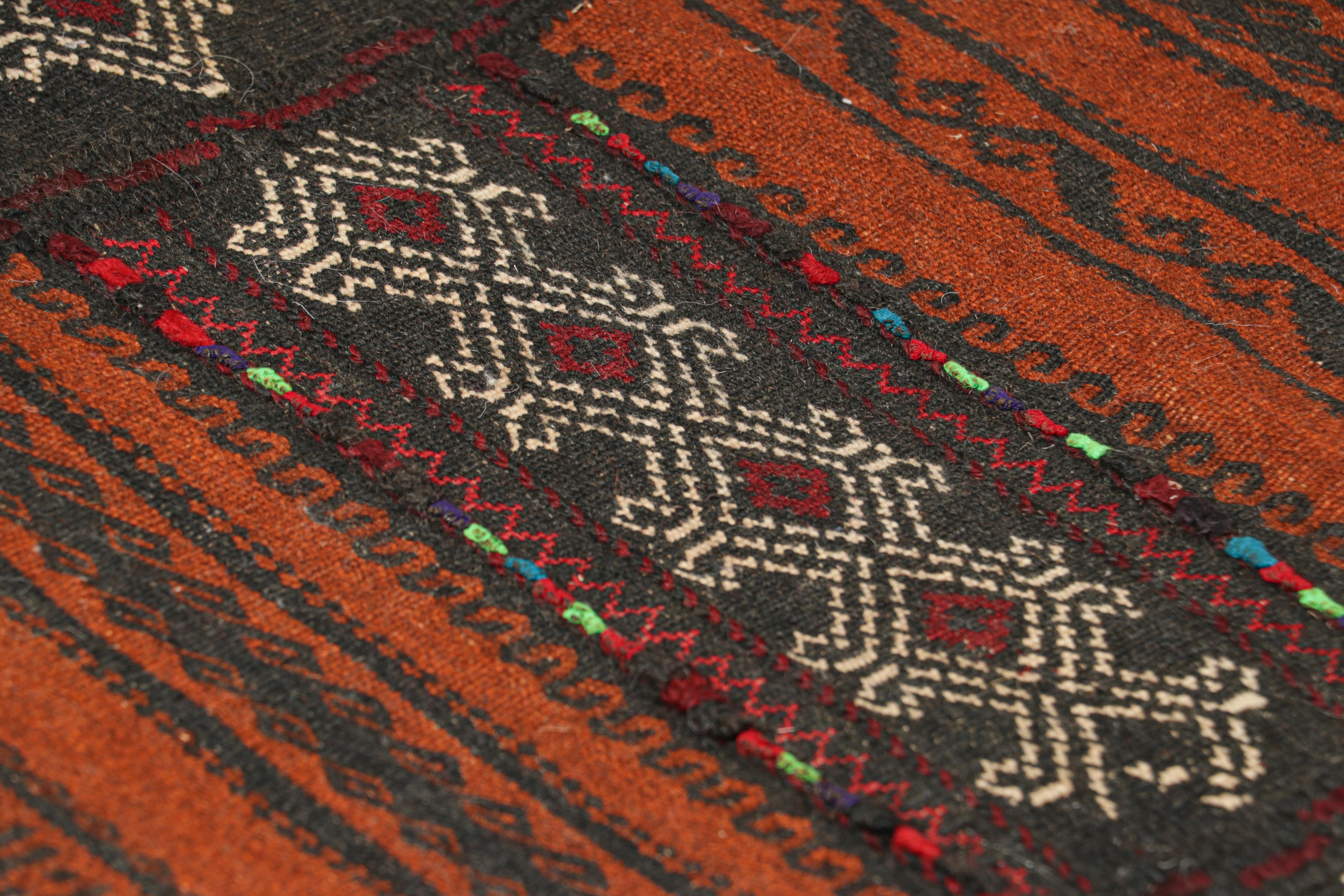 Handwoven in wool, circa 1950-1960, this 2x5 vintage Afghan tribal kilim, is a collectible tribal piece that may have been used as table covers in nomadic daily life, much similar to Persian Sofreh Kilims.

On the Design: 

Drawing on Afghan tribal