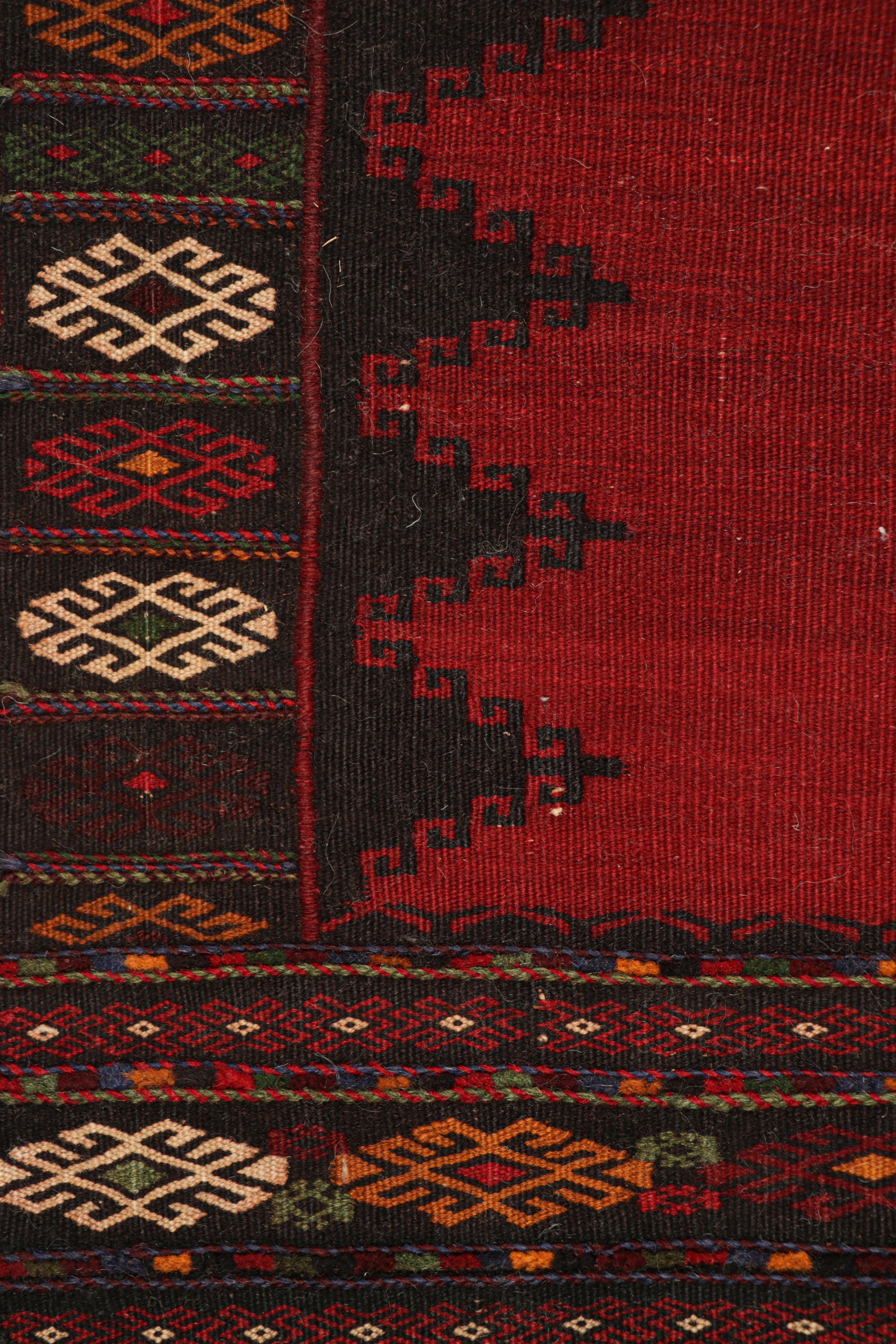 Handwoven in wool, circa 1950-1960, this 2×4 vintage Afghan tribal kilim, is a collectible tribal piece that may have been used as table covers in nomadic daily life, much similar to Persian Sofreh Kilims.

On the Design: 

Drawing on Afghan tribal