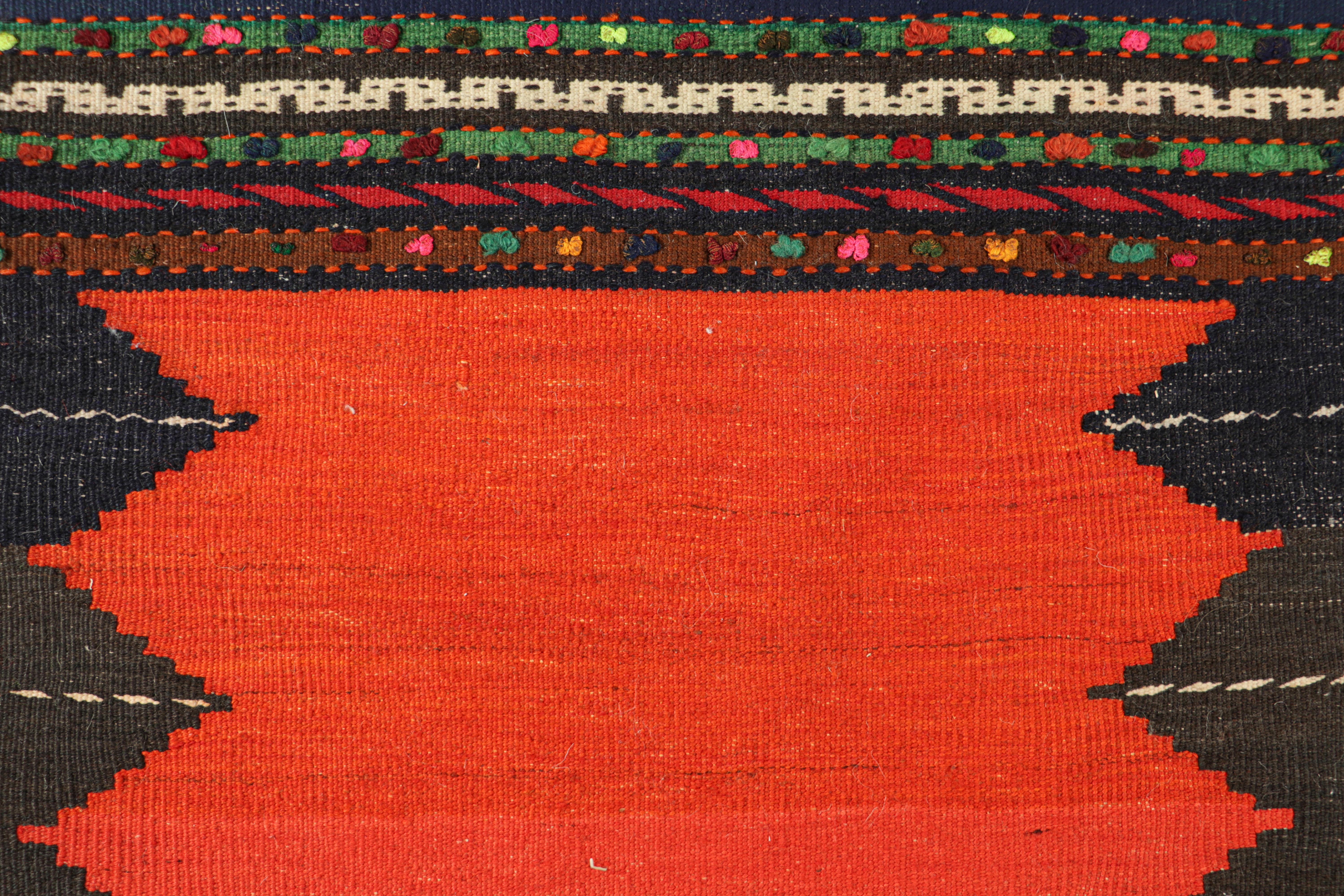 Handwoven in wool, circa 1950-1960, this 2×4 vintage Afghan tribal kilim is a collectible tribal piece that may have been used as table covers in nomadic daily life, much similar to Persian Sofreh Kilims.

On the Design: 

Drawing on Afghan tribal