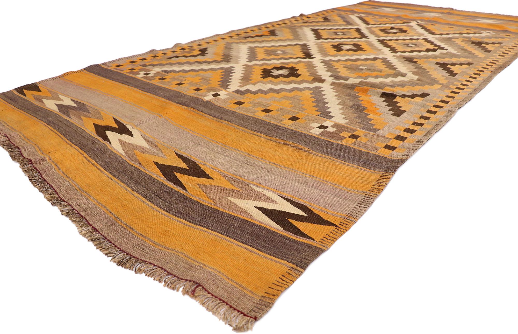 78011 vintage Afghan Maimana Kilim rug with Bohemian Southwestern style 05'04 x 12'00. Full of tiny details and a bold expressive design combined with vibrant colors and tribal style, this hand-woven wool vintage Afghani Maimana kilim rug is a