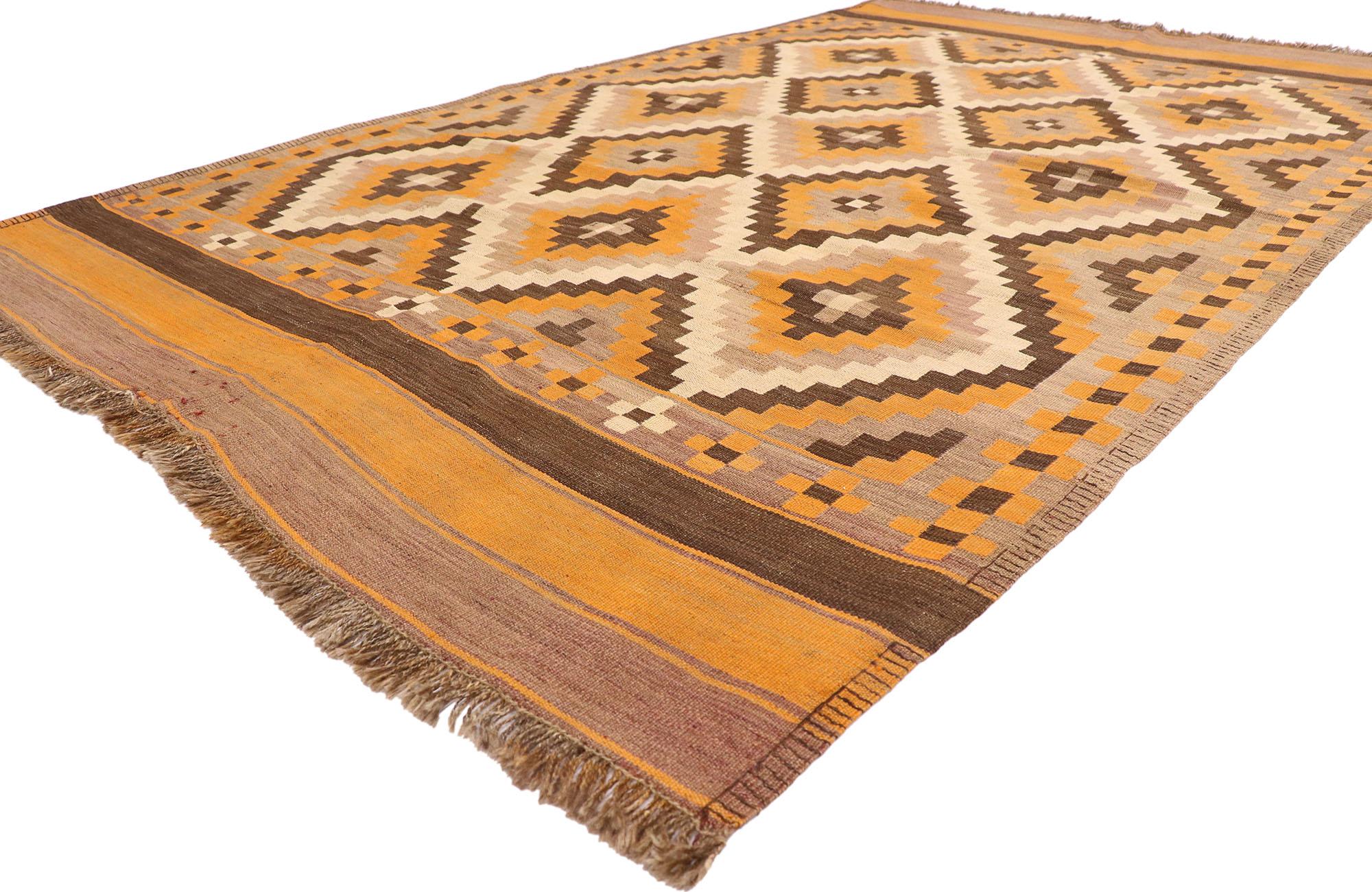 77948 Vintage Afghan Maimana Kilim rug with Bohemian Southwestern Style 05'10 x 09'03. Full of tiny details and a bold expressive design combined with vibrant colors and tribal style, this hand-woven wool vintage Afghani Maimana kilim rug is a