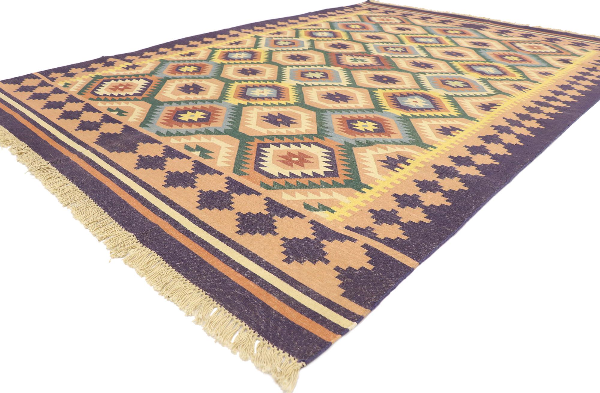 77957 vintage Afghan Maimana Kilim rug with Southwestern Tribal style 06'01 x 08'11. Full of tiny details and a bold expressive design combined with lively colors and tribal style, this hand-woven wool vintage Afghani Maimana kilim rug is a