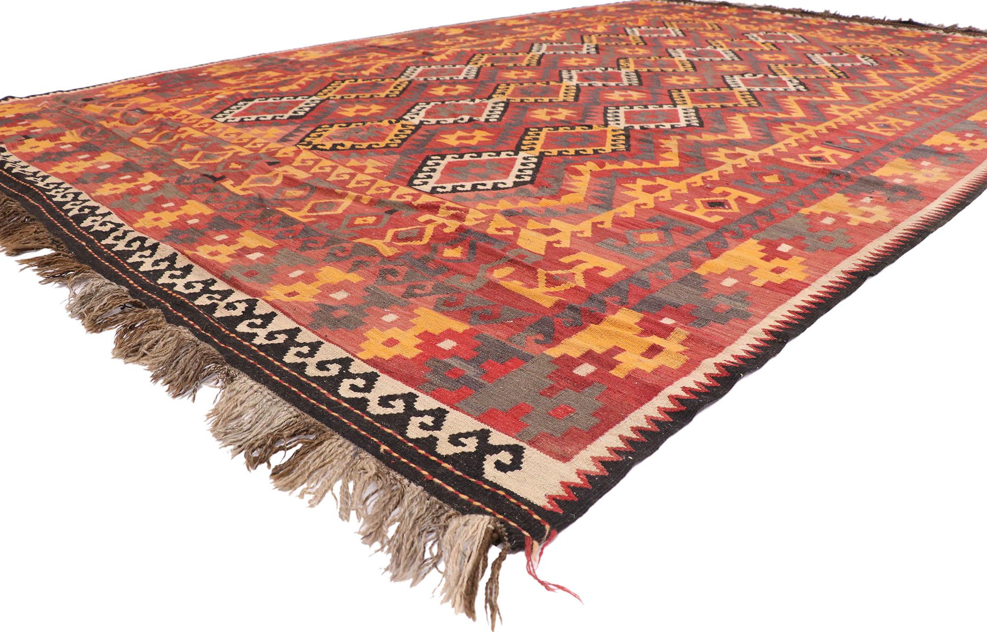 78008 Vintage Afghan Maimana Kilim Rug, 08'07 x 13'07. Experience the essence of Southwest style and contemporary Santa Fe design in this hand-woven wool vintage Afghani Maimana kilim rug. Bursting with intricate details and a bold, expressive