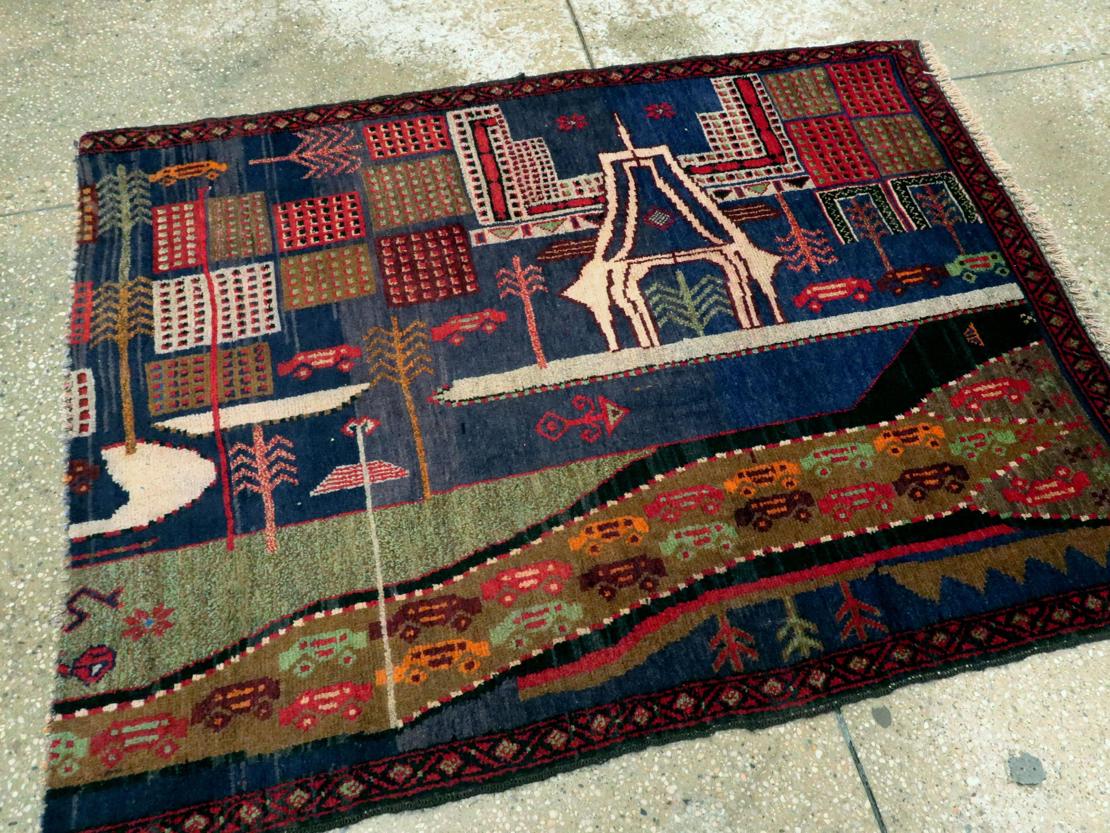 Hand-Knotted Vintage Afghan Pictorial Baluch Rug