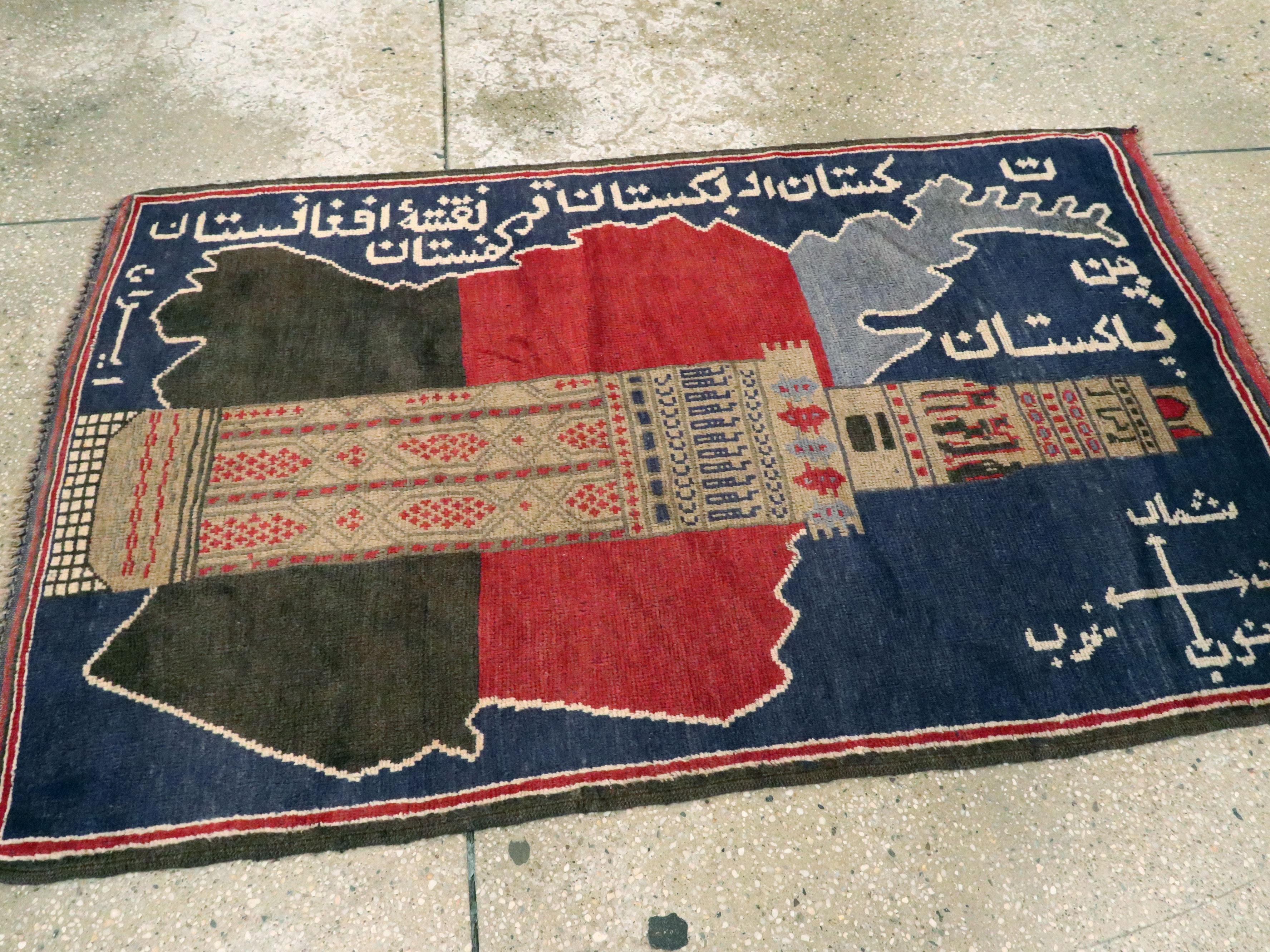 Hand-Knotted Vintage Afghan Pictorial Map Rug For Sale