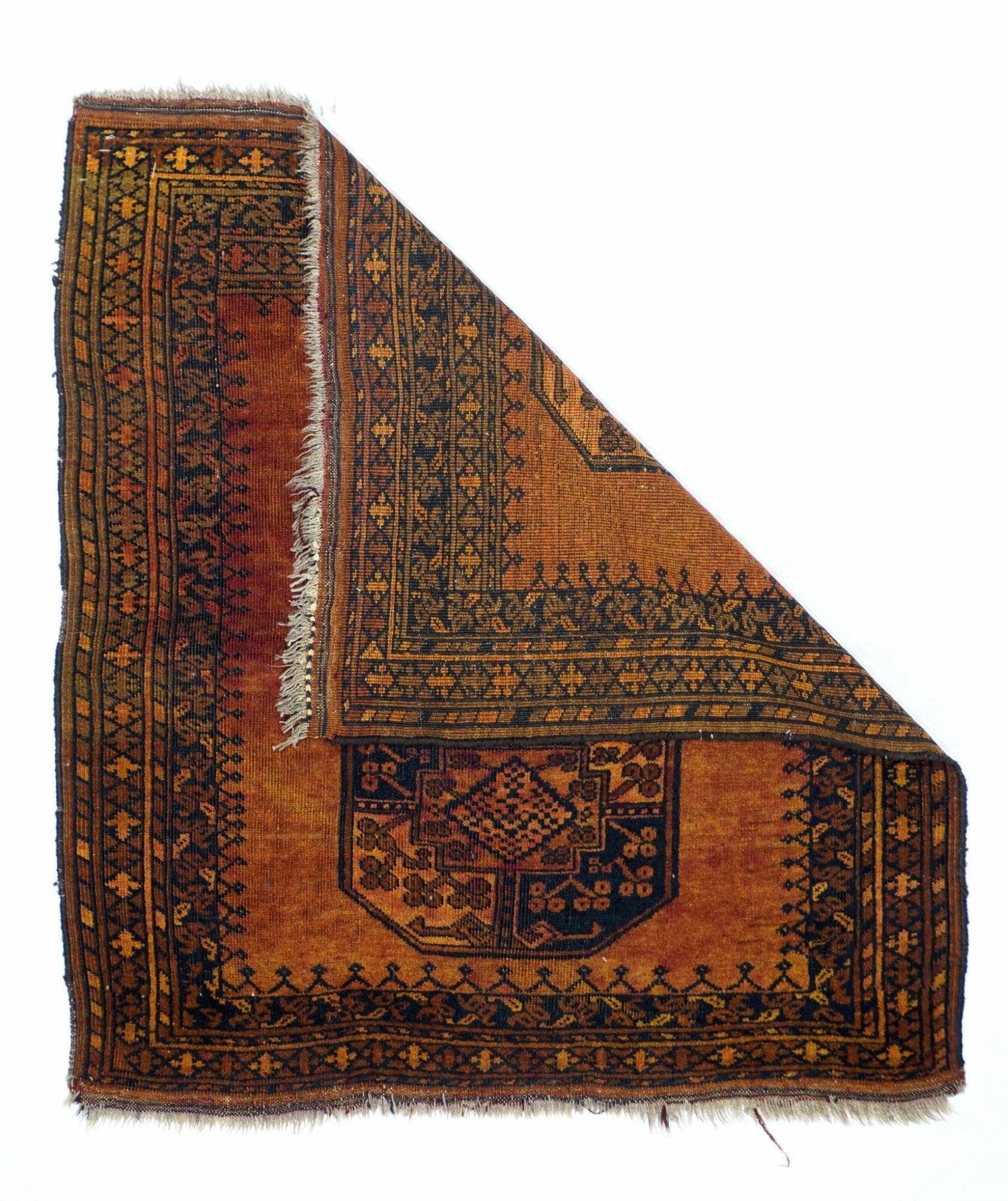 Vintage Afghan Rug 3'3'' x 3'9''. The abrashed red field displays two 