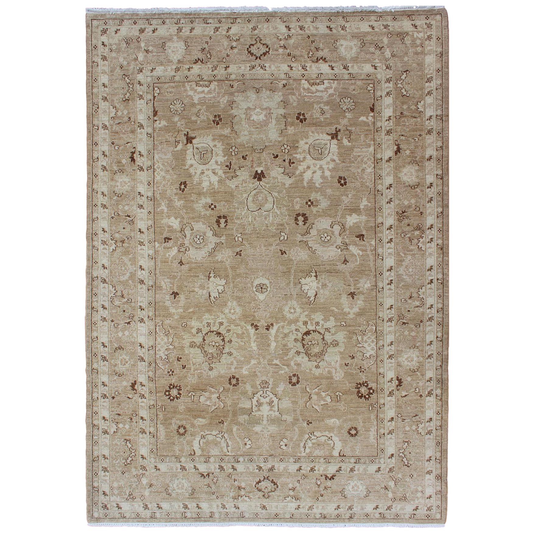 Vintage Afghan Rug in Muted Earthy Tones of Light Brown, Caramel, Light Green For Sale