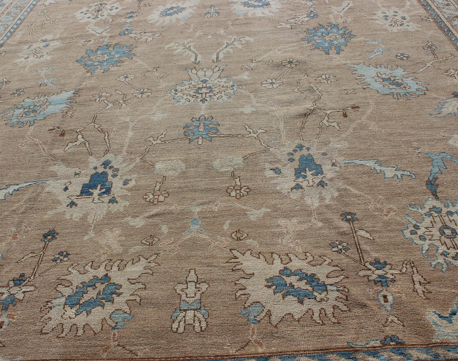Squared Shape Vintage Oushak Rug With Tan, Blue and Neutral Colors 2