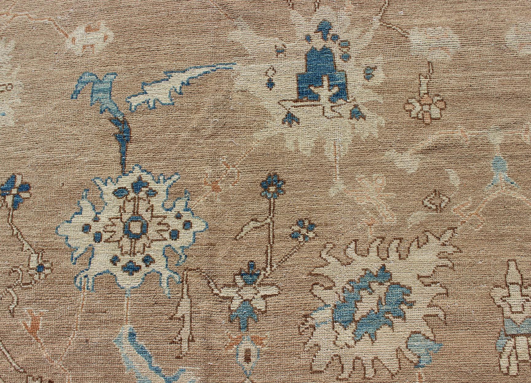 Squared Shape Vintage Oushak Rug With Tan, Blue and Neutral Colors 3