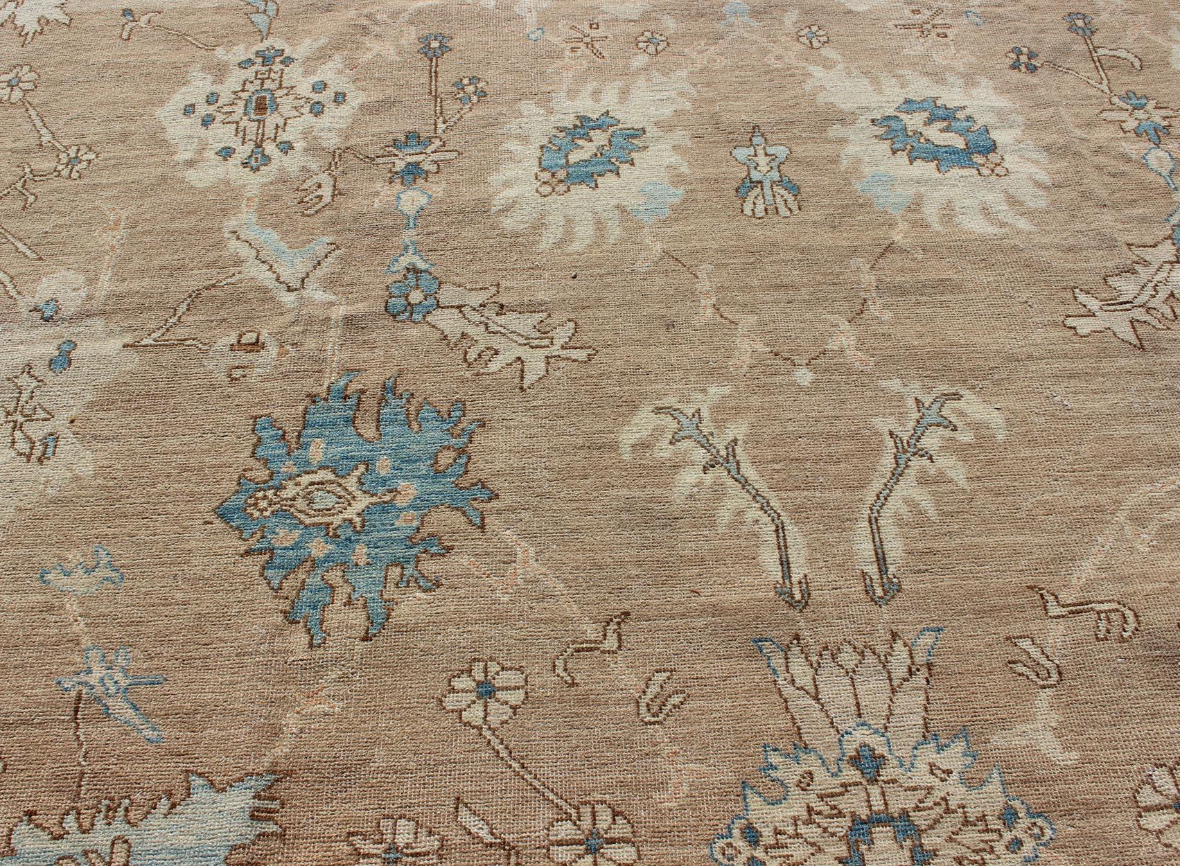 Squared Shape Vintage Oushak Rug With Tan, Blue and Neutral Colors 4