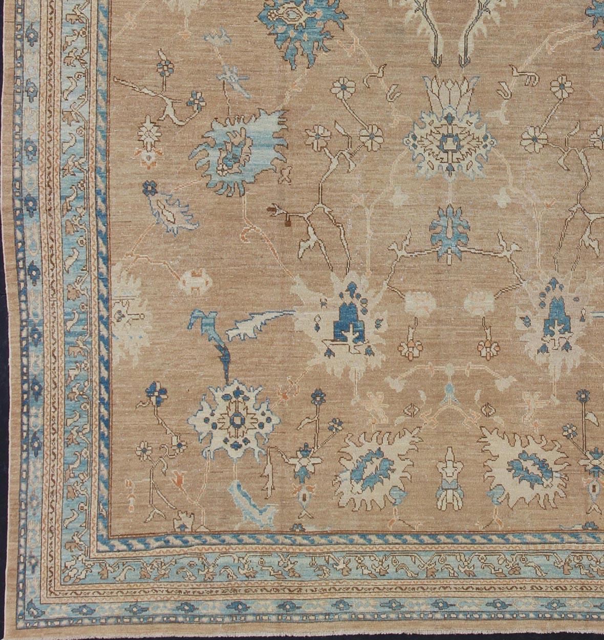 Keivan Woven Arts-Vintage Oushak design rug,  with fine Ghazni wool, made in Afghanistan, in tan, blue, neutral color palette and all-over flower design, rug 1912-258, country of origin / type: Afghan / Oushak

This traditional Oushak rug from