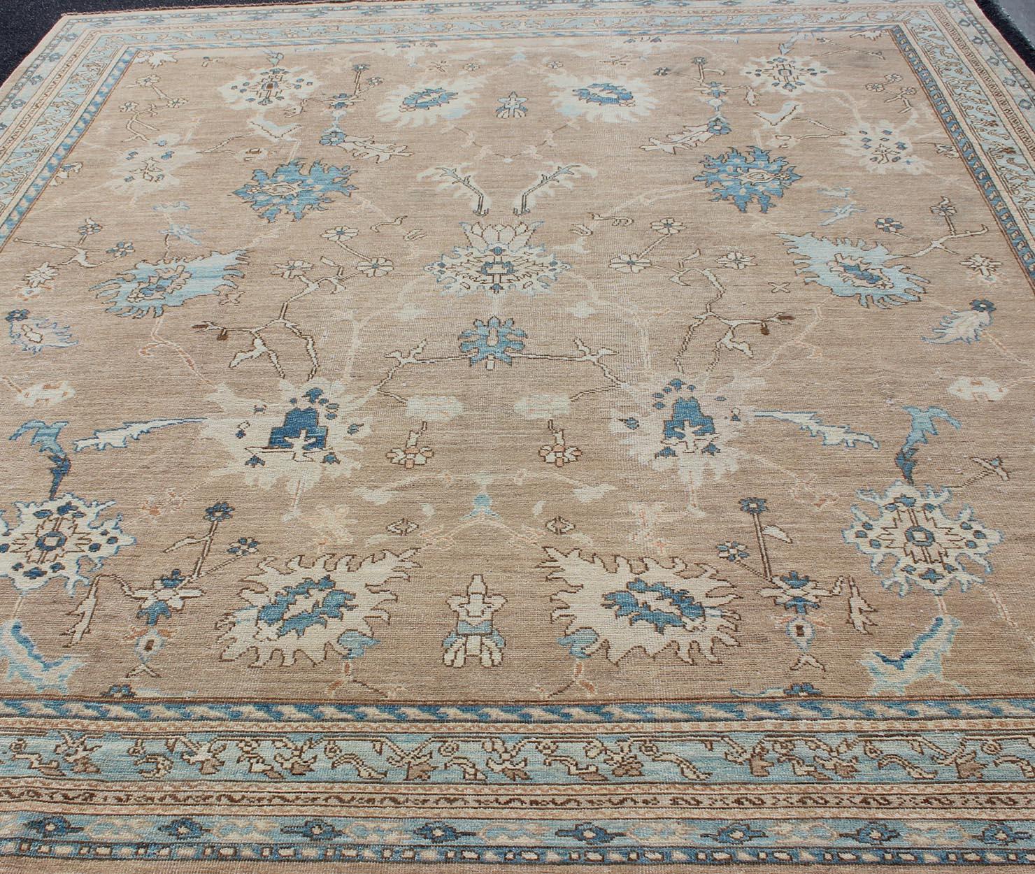 Late 20th Century Squared Shape Vintage Oushak Rug With Tan, Blue and Neutral Colors