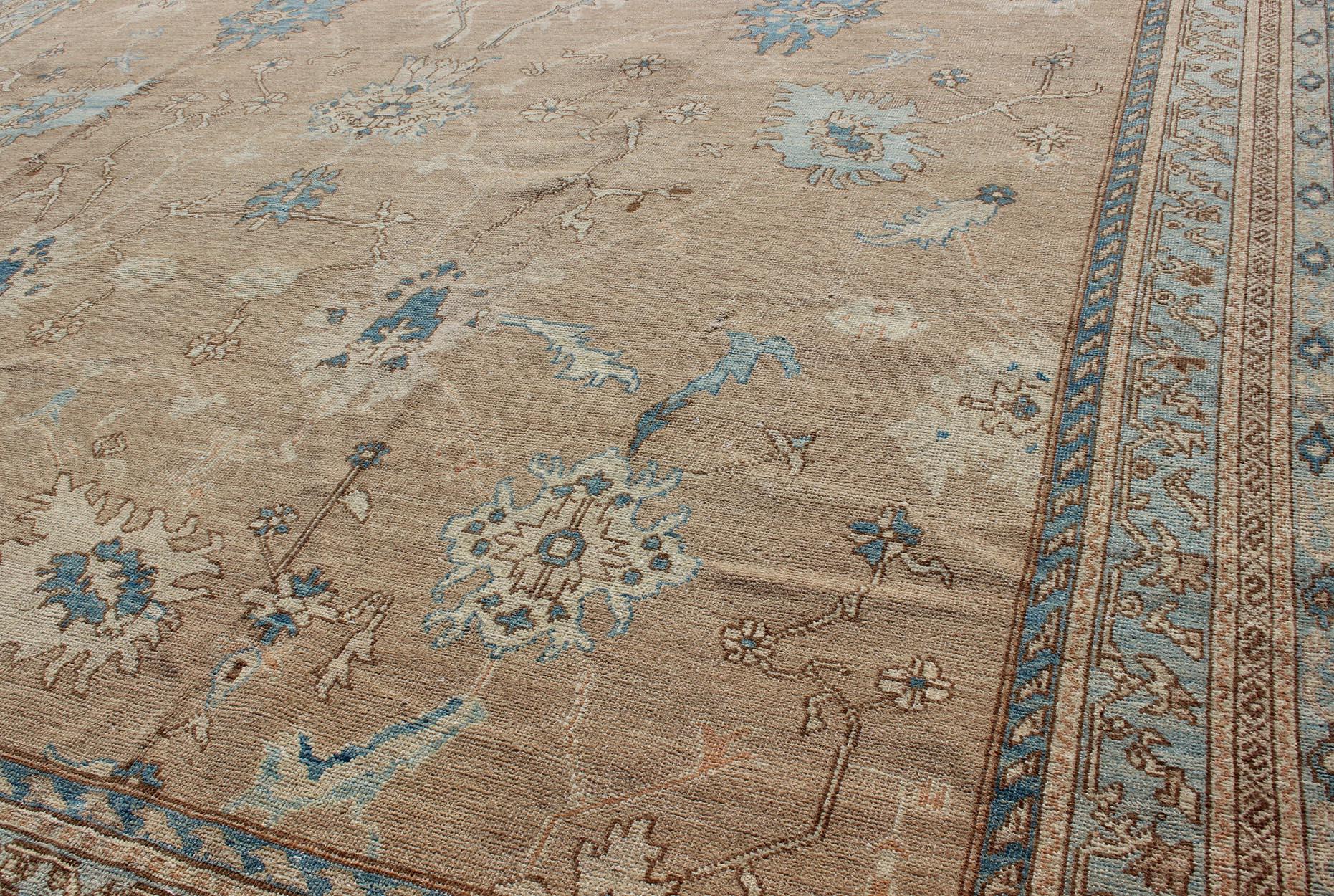 Squared Shape Vintage Oushak Rug With Tan, Blue and Neutral Colors 1