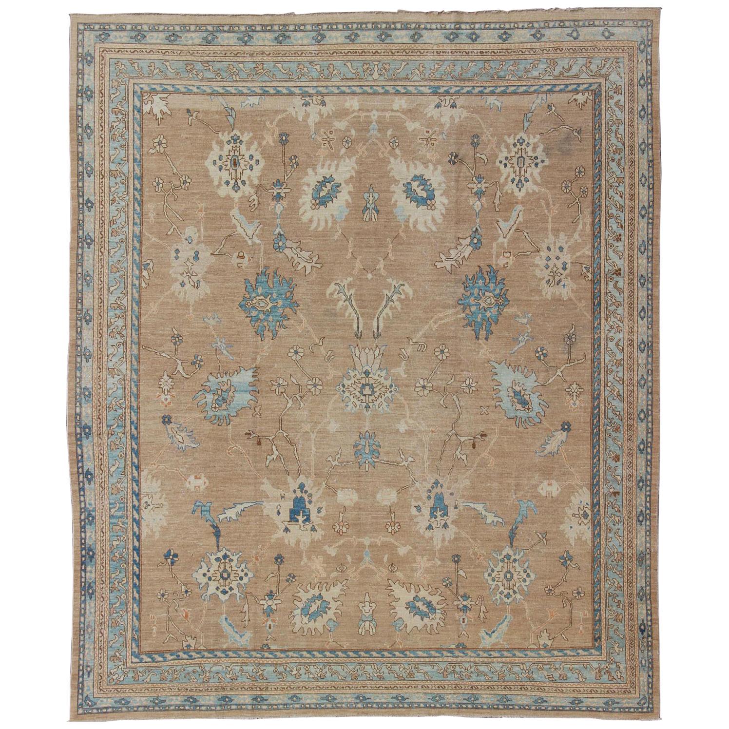 Squared Shape Vintage Oushak Rug With Tan, Blue and Neutral Colors