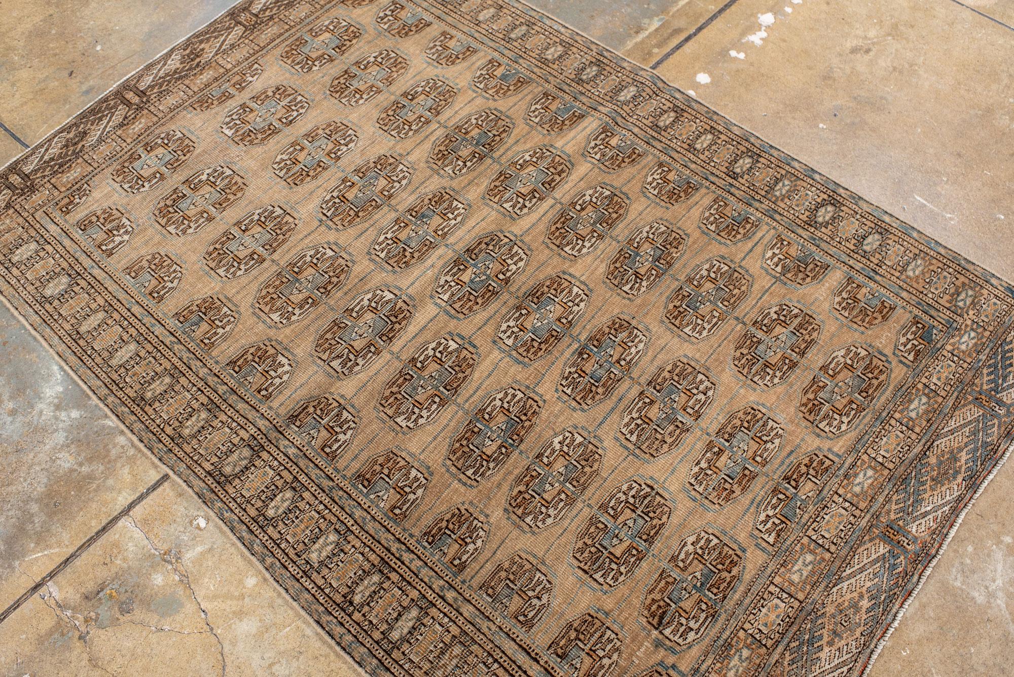 Vintage Afghan Rug with Brown Field For Sale 1