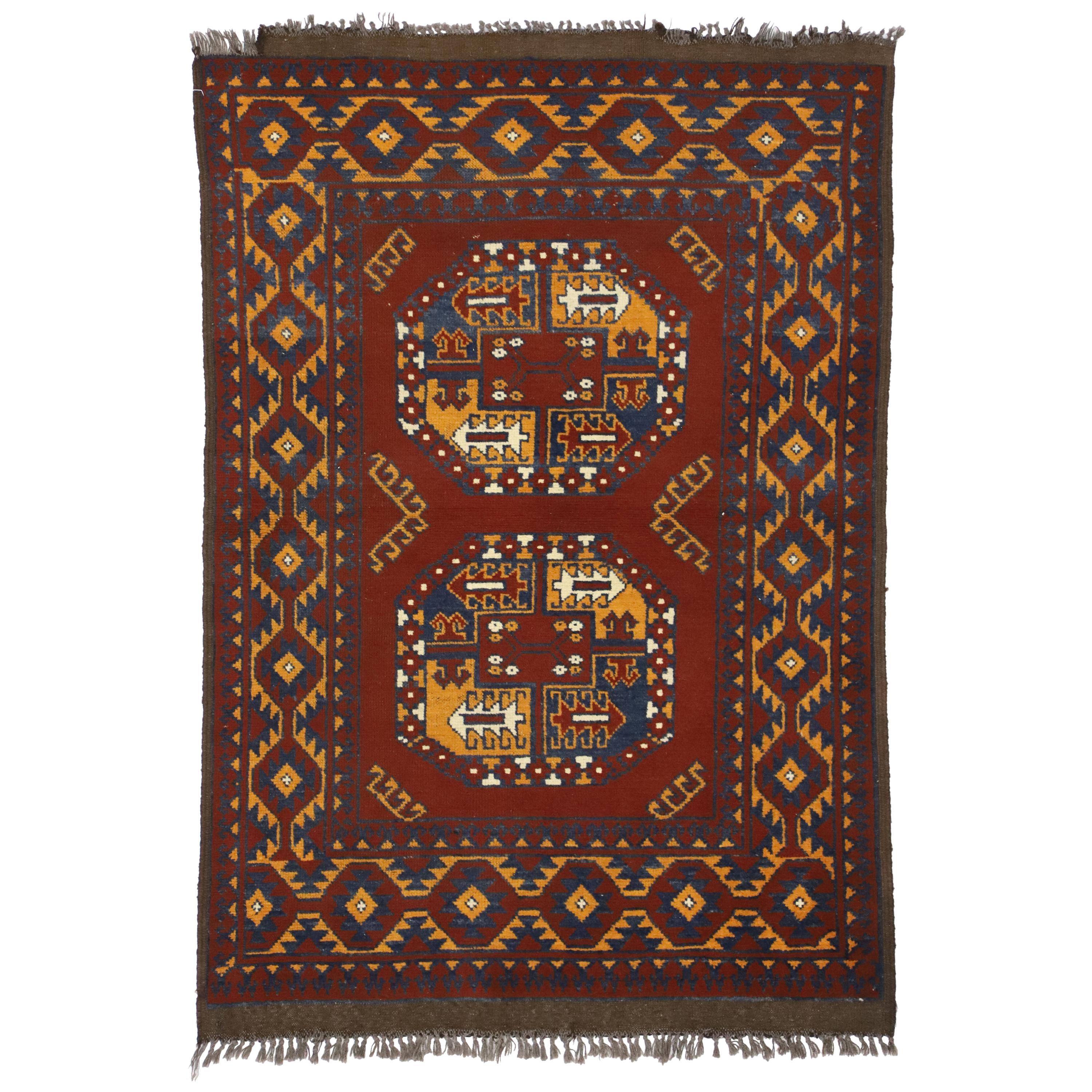 Vintage Afghan Rug with Mid-Century Modern Vibes and Tribal Style For Sale