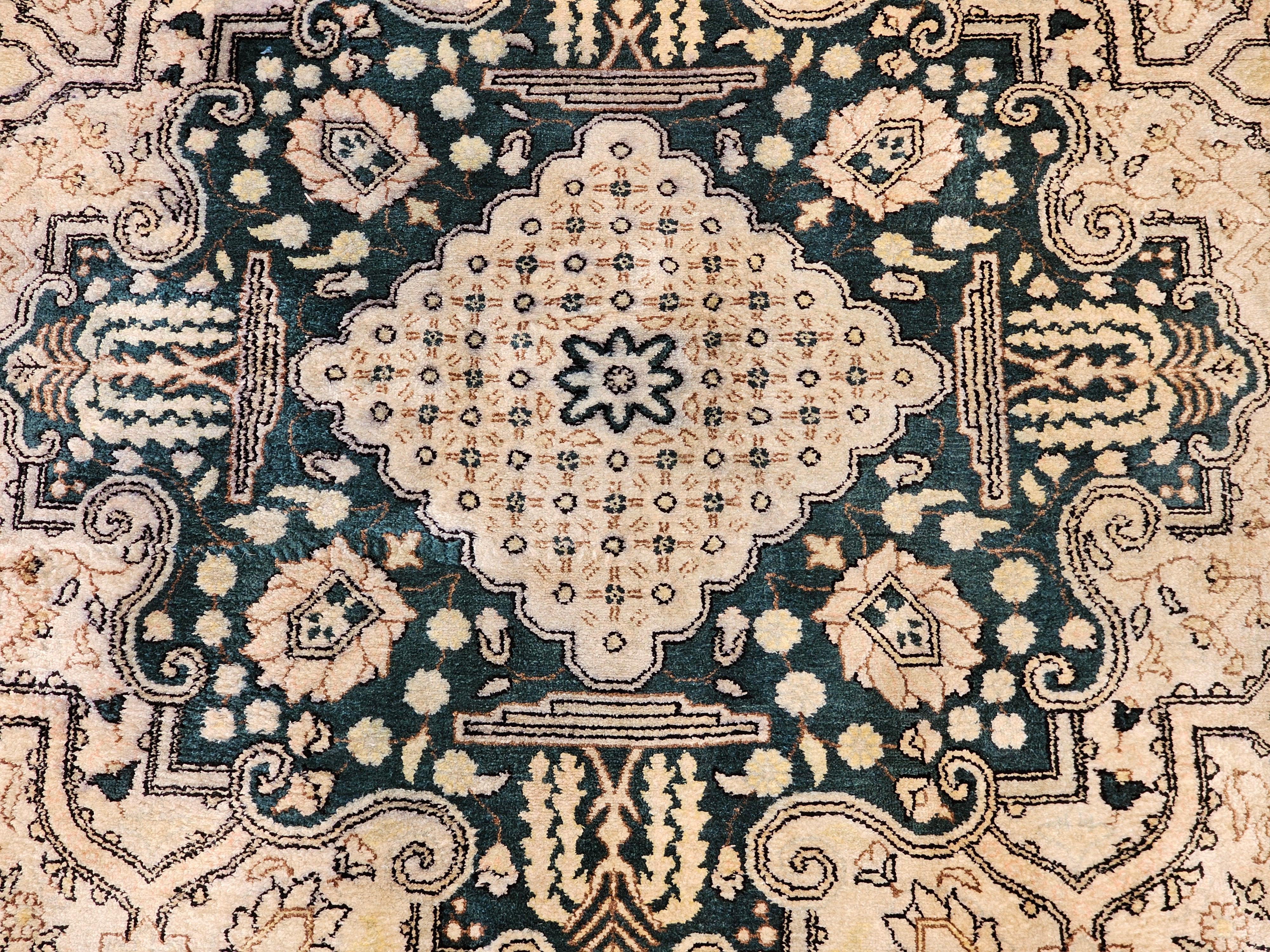 Vintage Afghan Silk Area Rug in Geometric Pattern in Ivory, Green, Brown, Black For Sale 5