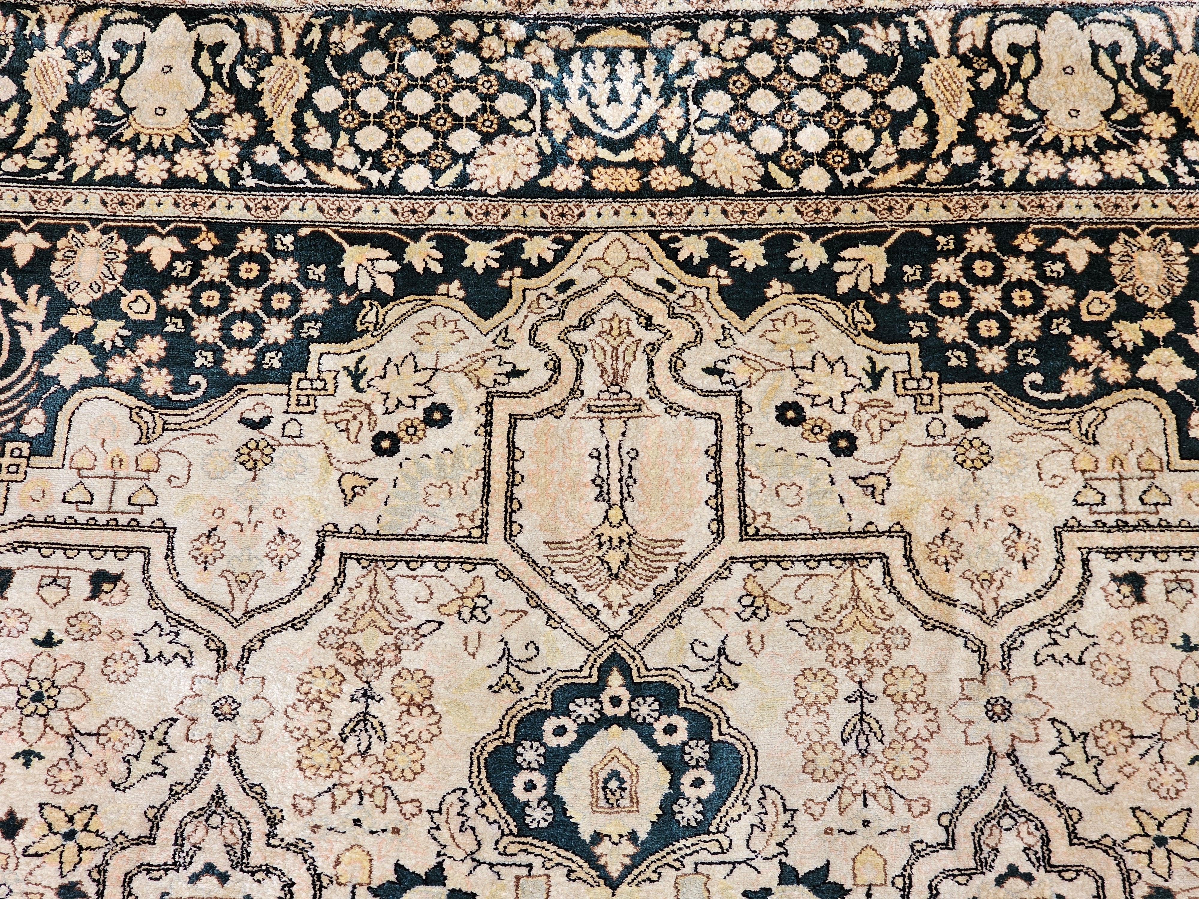 Vintage Afghan Silk Area Rug in Geometric Pattern in Ivory, Green, Brown, Black For Sale 1