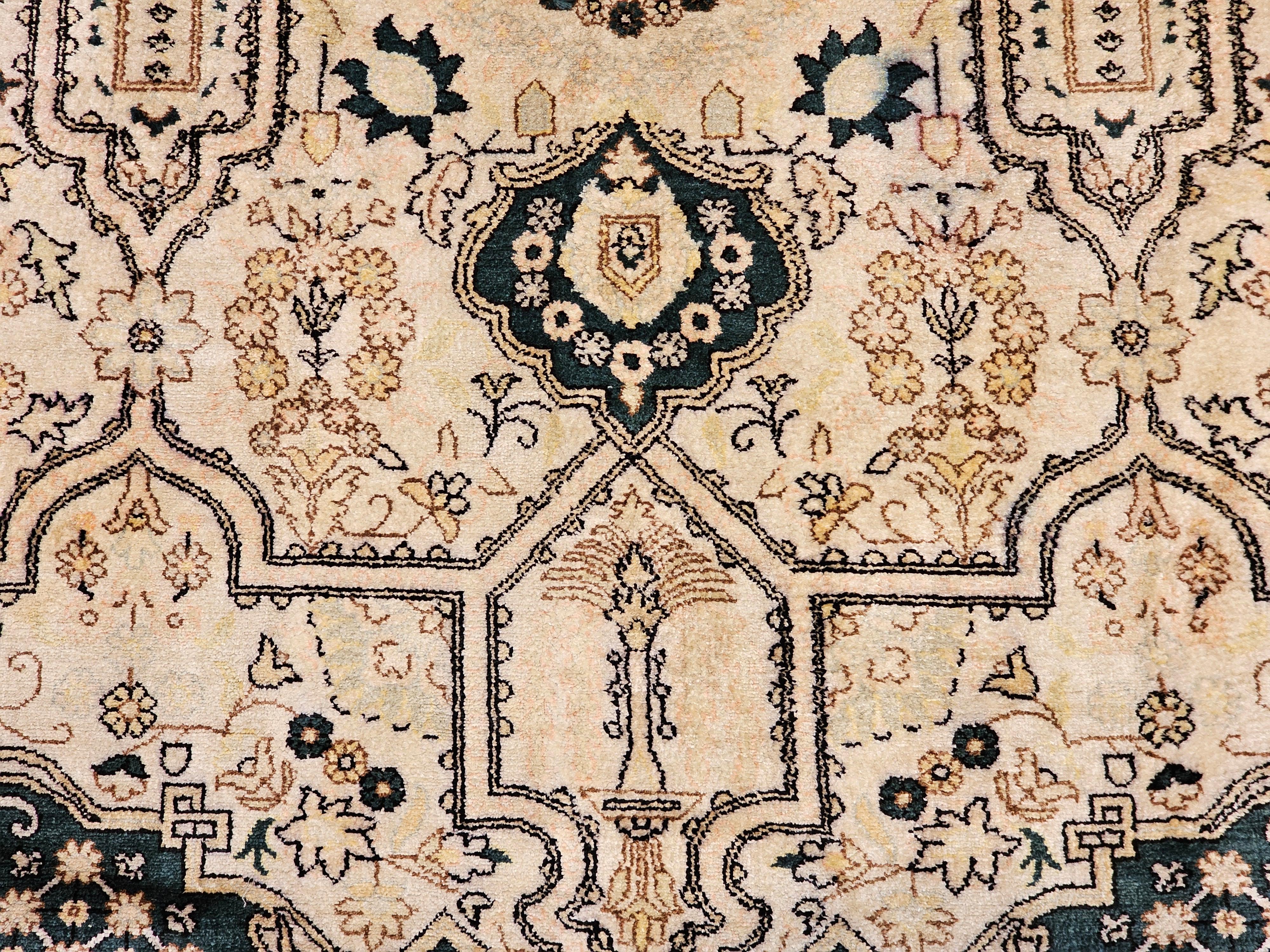 Vintage Afghan Silk Area Rug in Geometric Pattern in Ivory, Green, Brown, Black For Sale 2