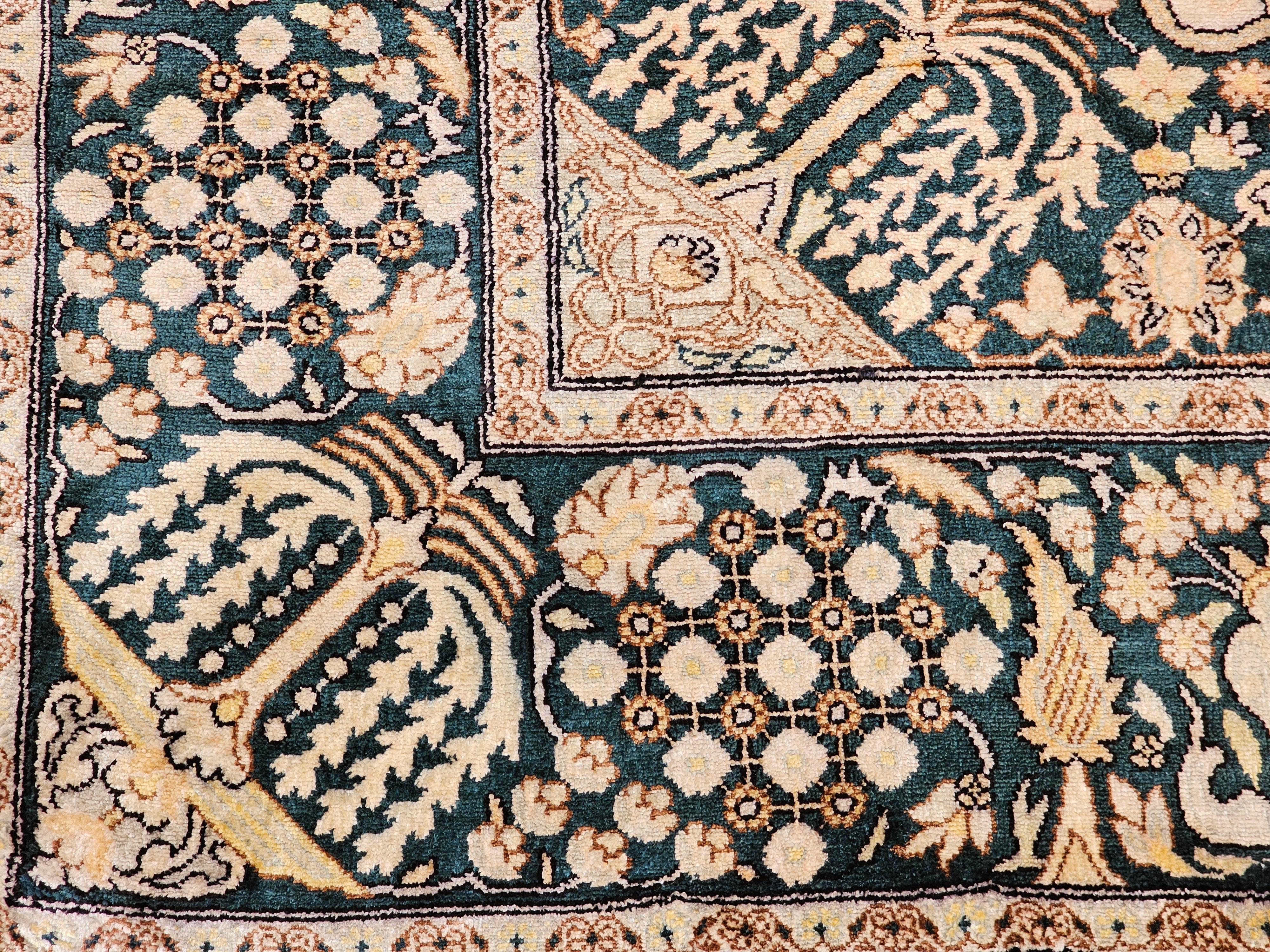 Vintage Afghan Silk Area Rug in Geometric Pattern in Ivory, Green, Brown, Black For Sale 3
