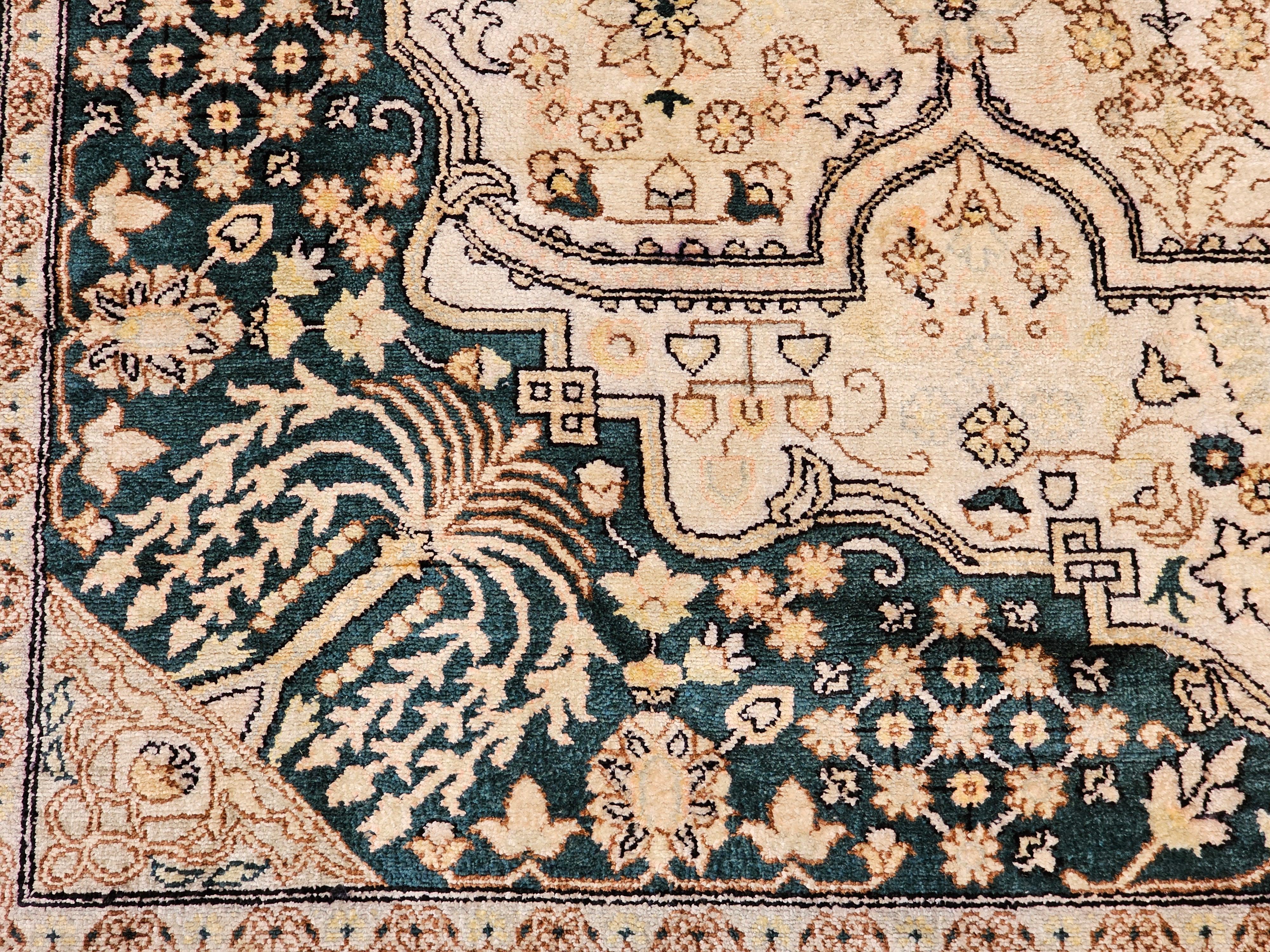 Vintage Afghan Silk Area Rug in Geometric Pattern in Ivory, Green, Brown, Black For Sale 4