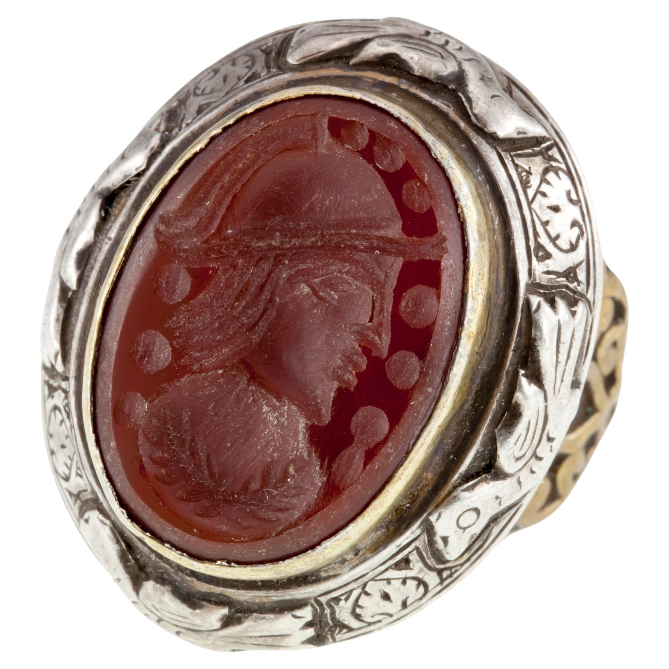 Vintage Afghan Silver & Brass Carnelian Intaglio Ring with Antiqued Accents For Sale