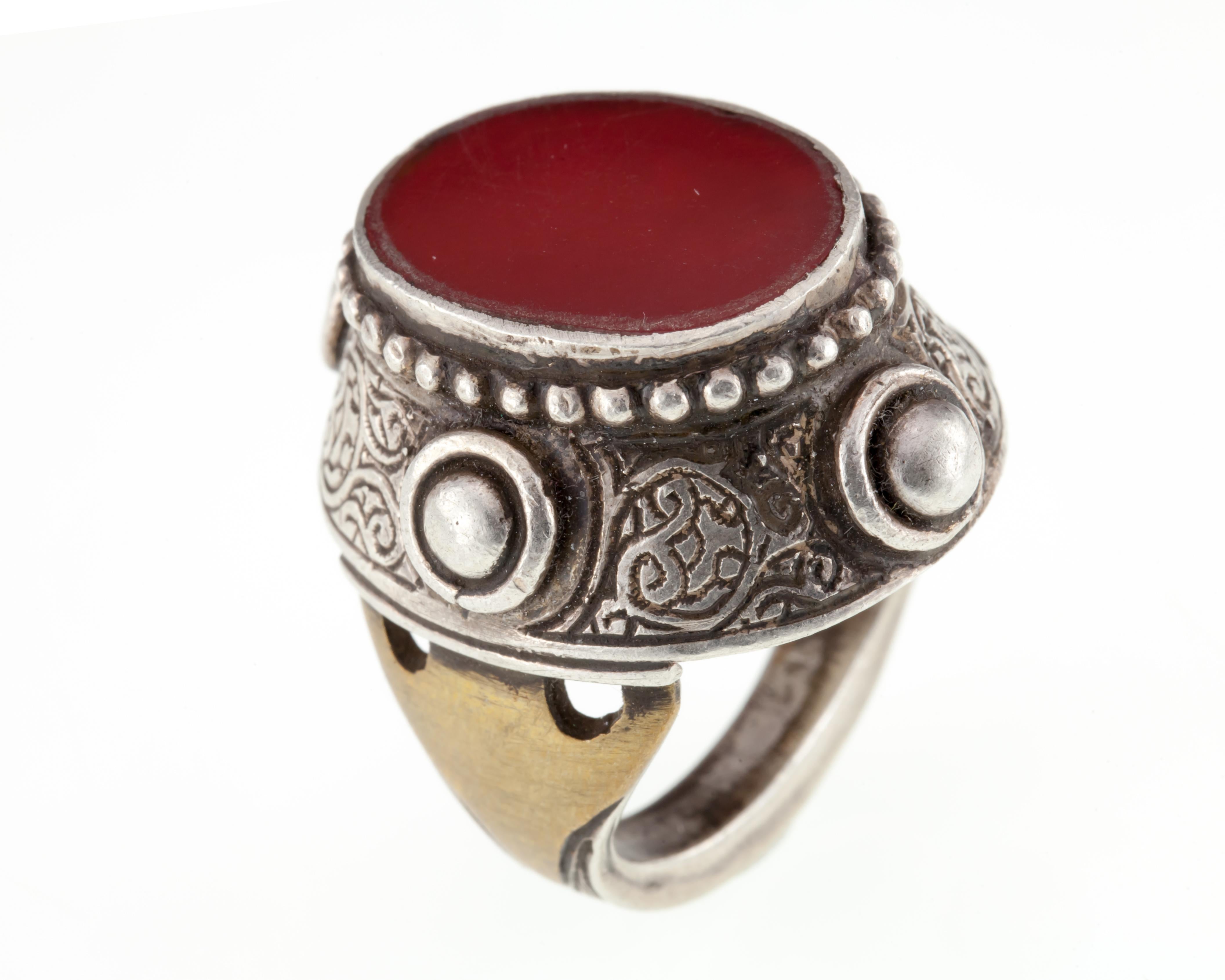 Artisan Vintage Afghan Silver & Brass Carnelian Ring with Antiqued Accents For Sale