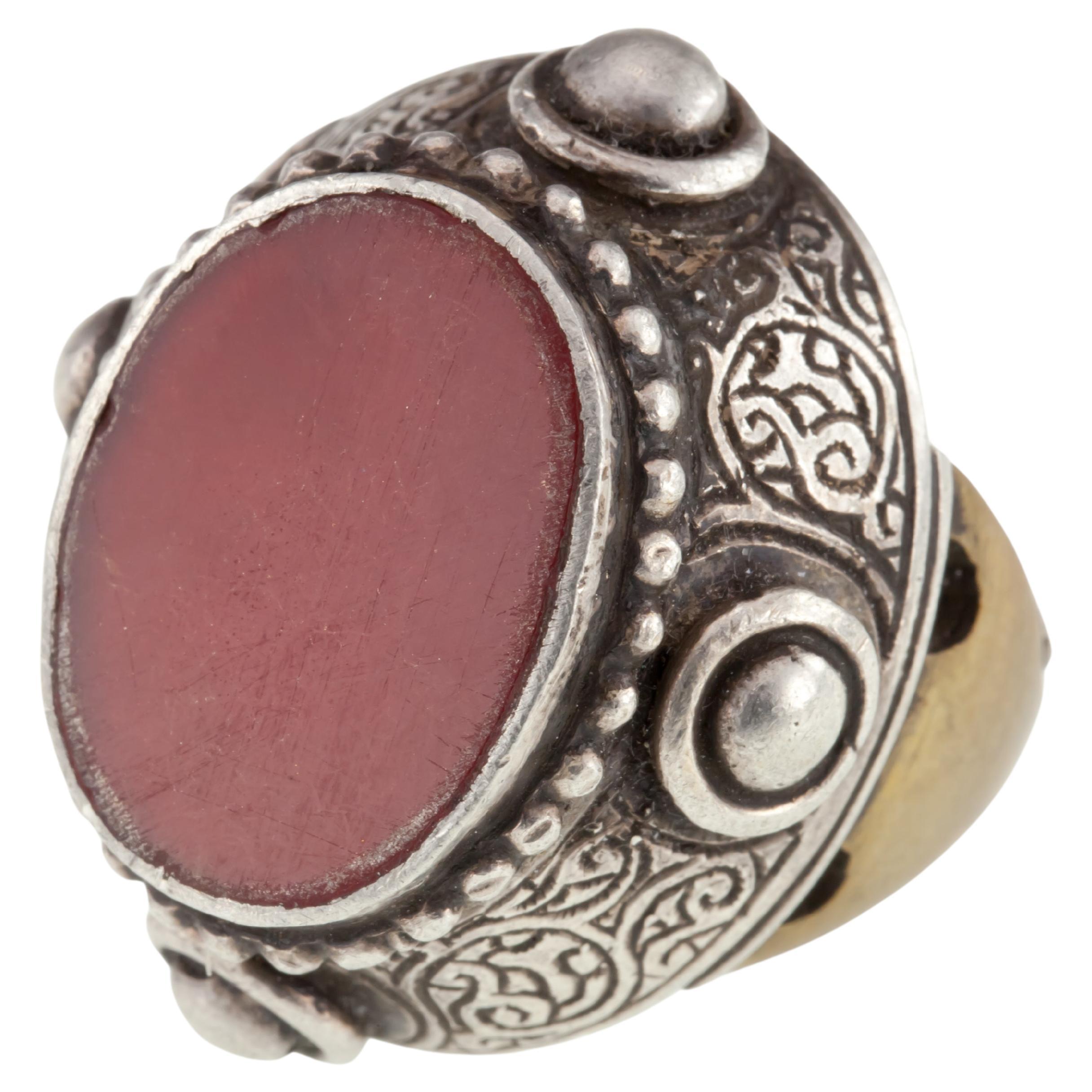 Vintage Afghan Silver & Brass Carnelian Ring with Antiqued Accents For Sale
