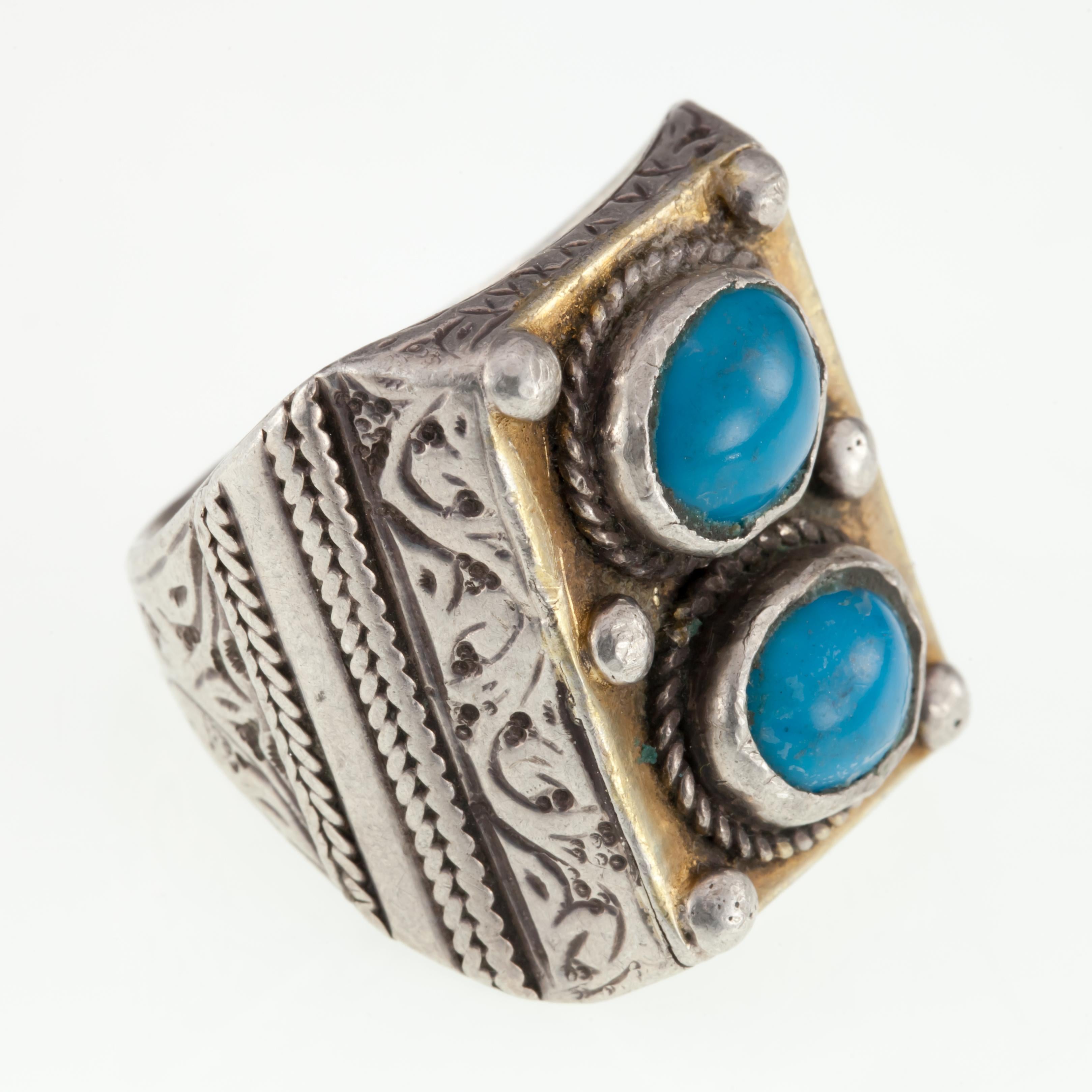 Gorgeous Afghan Turquoise Ring
Features Two Turquoise Cabochons in Brass Silver-Studded Plaque
Size 10.5
Dimensions of Plaque = 24 mm x 17 mm
Total Mass = 17.2 grams