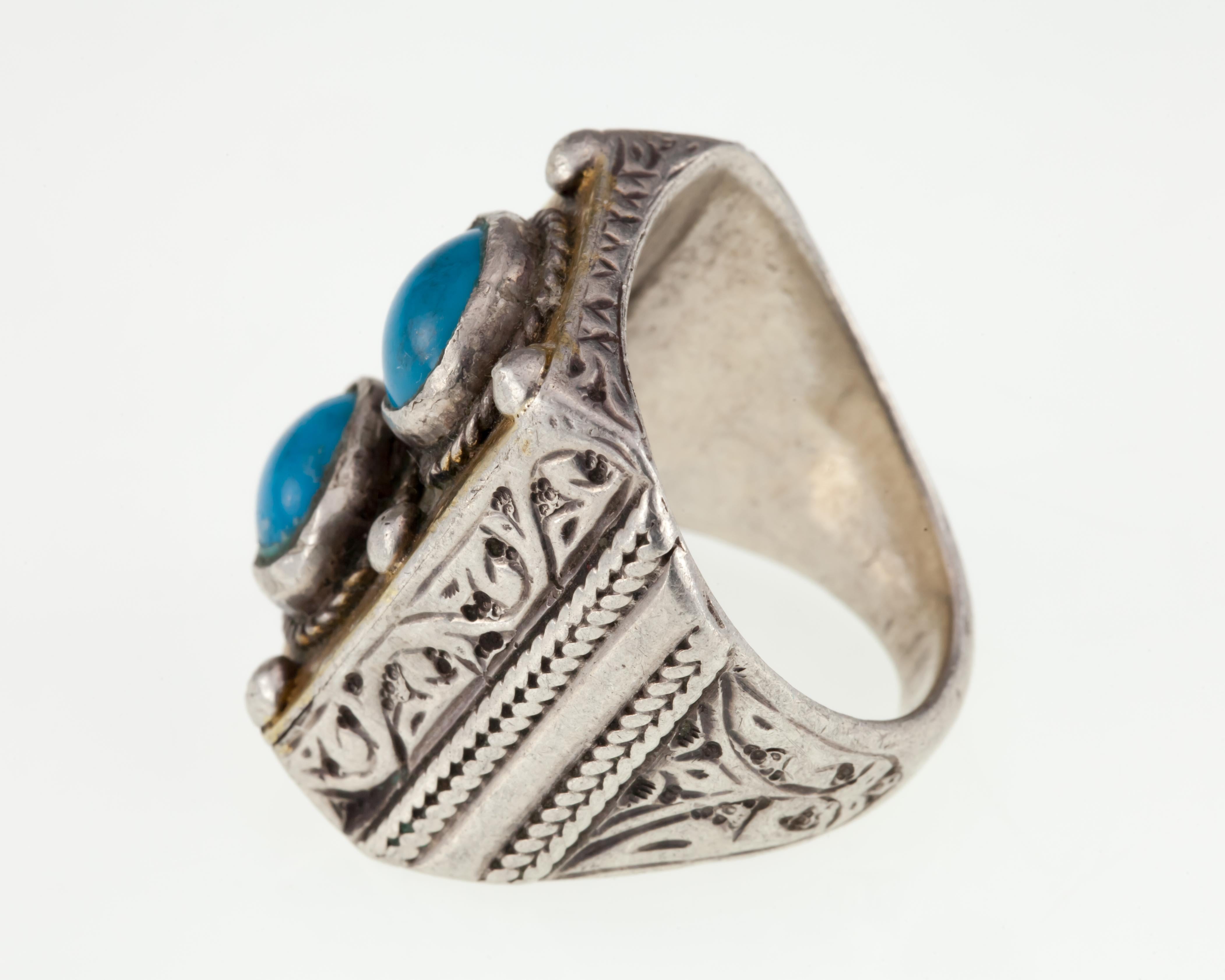 Artisan Vintage Afghan Silver & Brass Turquoise Cabochon Ring For Sale
