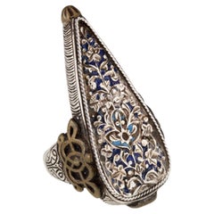Vintage Afghan Sterling Silver & Brass Intricate Enamel Teardrop Ring