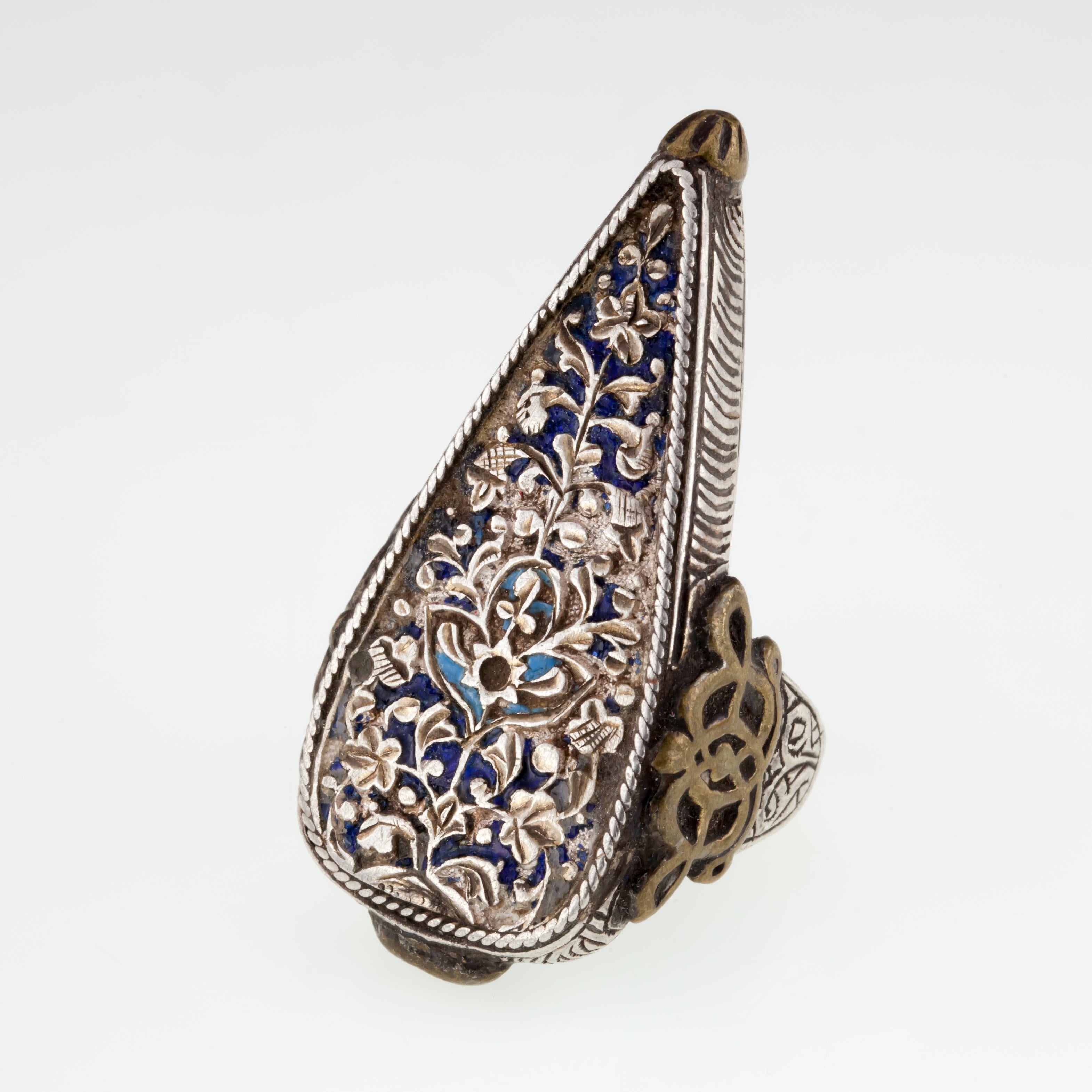 Artisan Vintage Afghan Sterling Silver & Brass Intricate Enamel Teardrop Ring For Sale