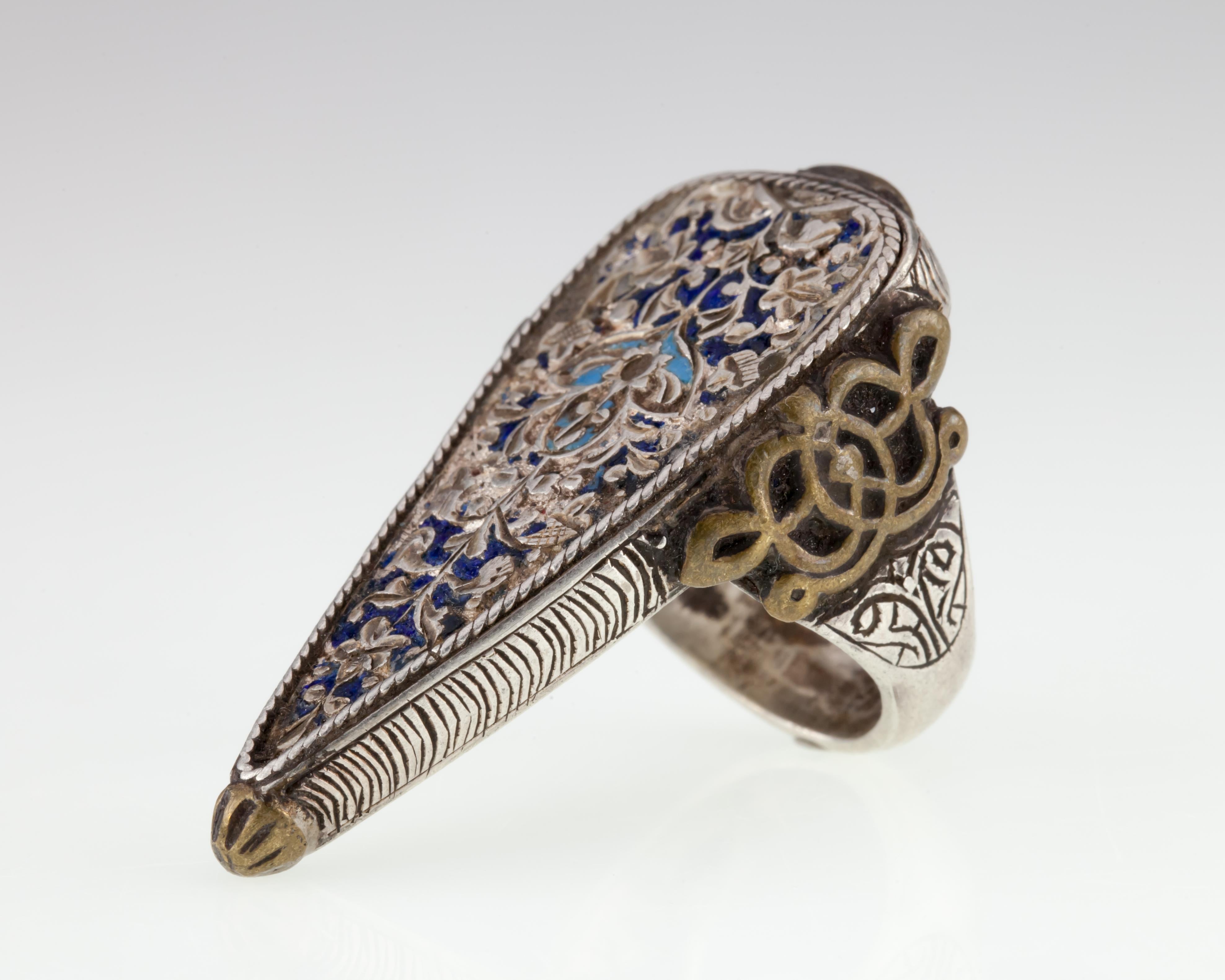 Women's or Men's Vintage Afghan Sterling Silver & Brass Intricate Enamel Teardrop Ring For Sale