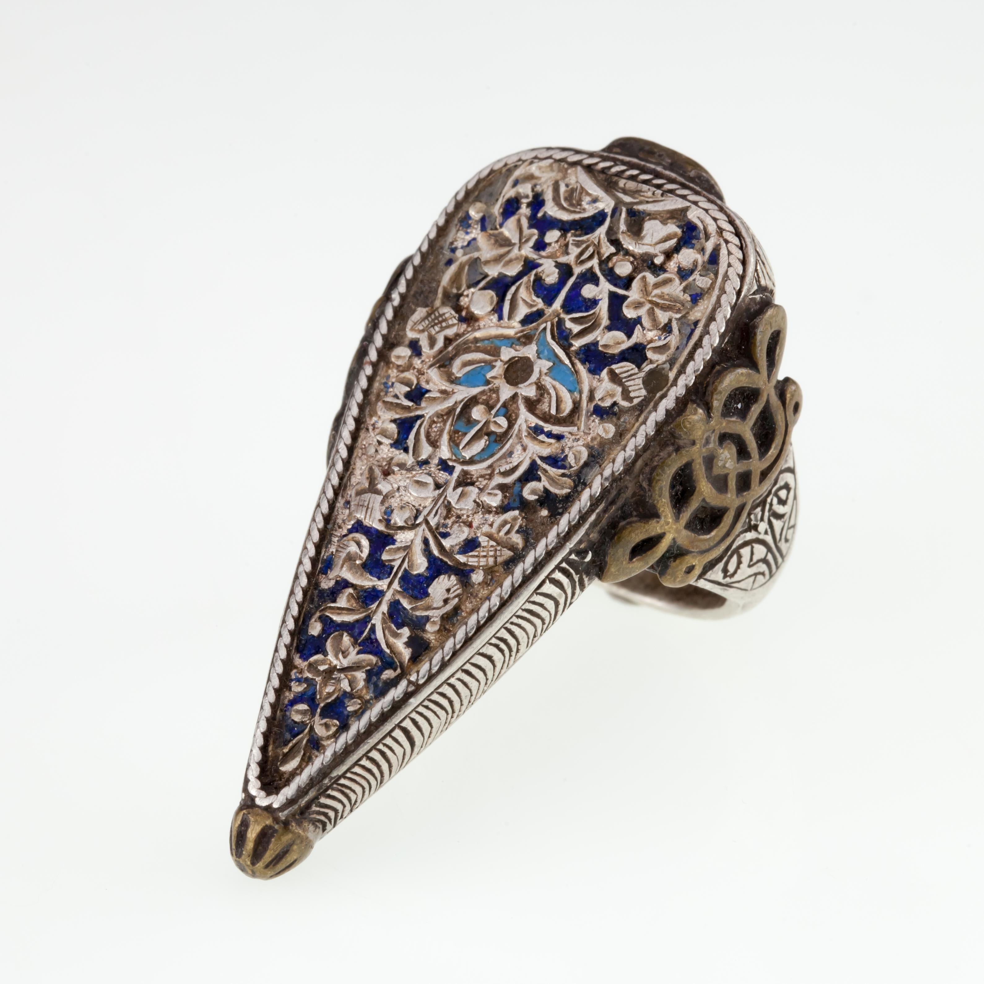 Vintage Afghan Sterling Silver & Brass Intricate Enamel Teardrop Ring For Sale 1