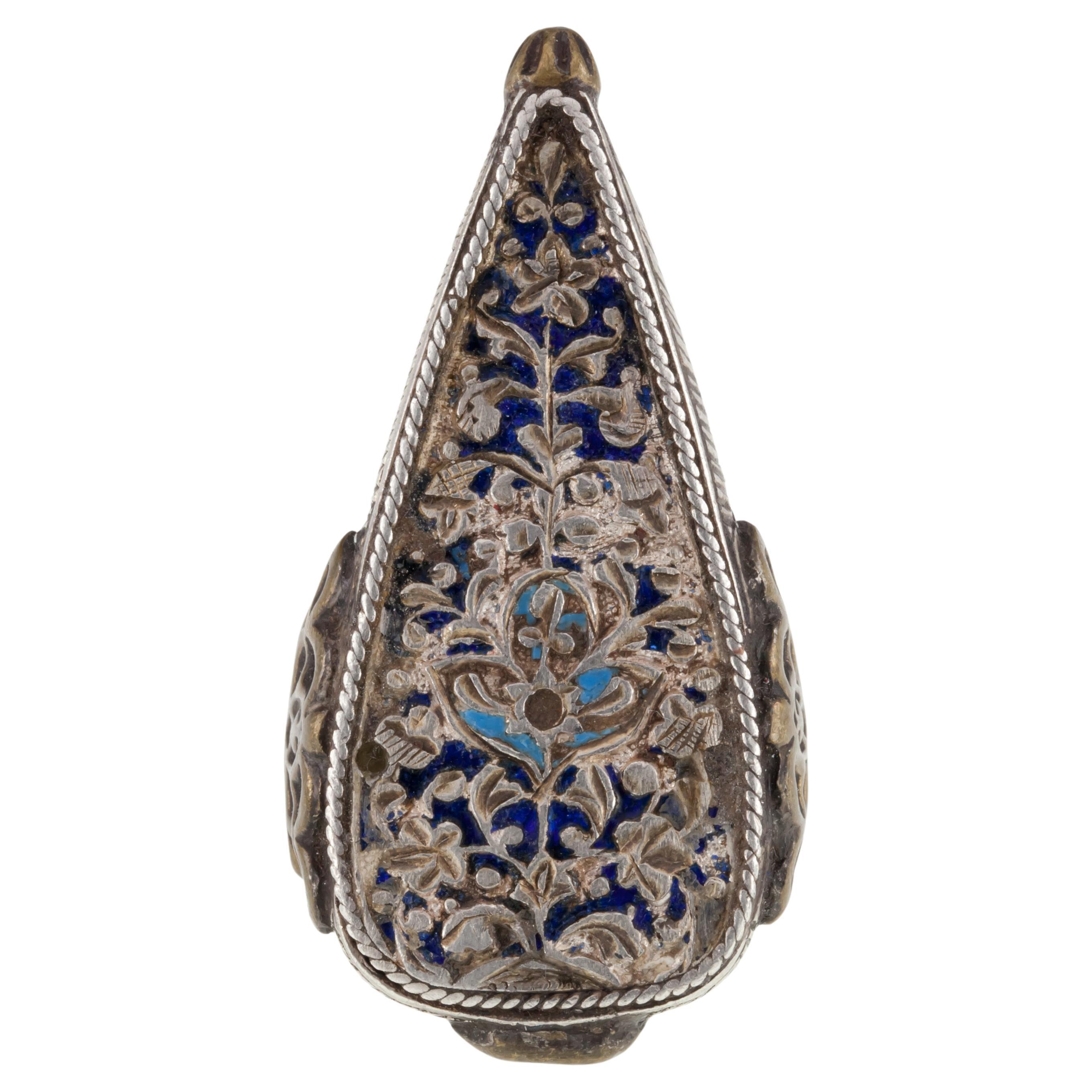 Vintage Afghan Sterling Silver & Brass Intricate Enamel Teardrop Ring For Sale