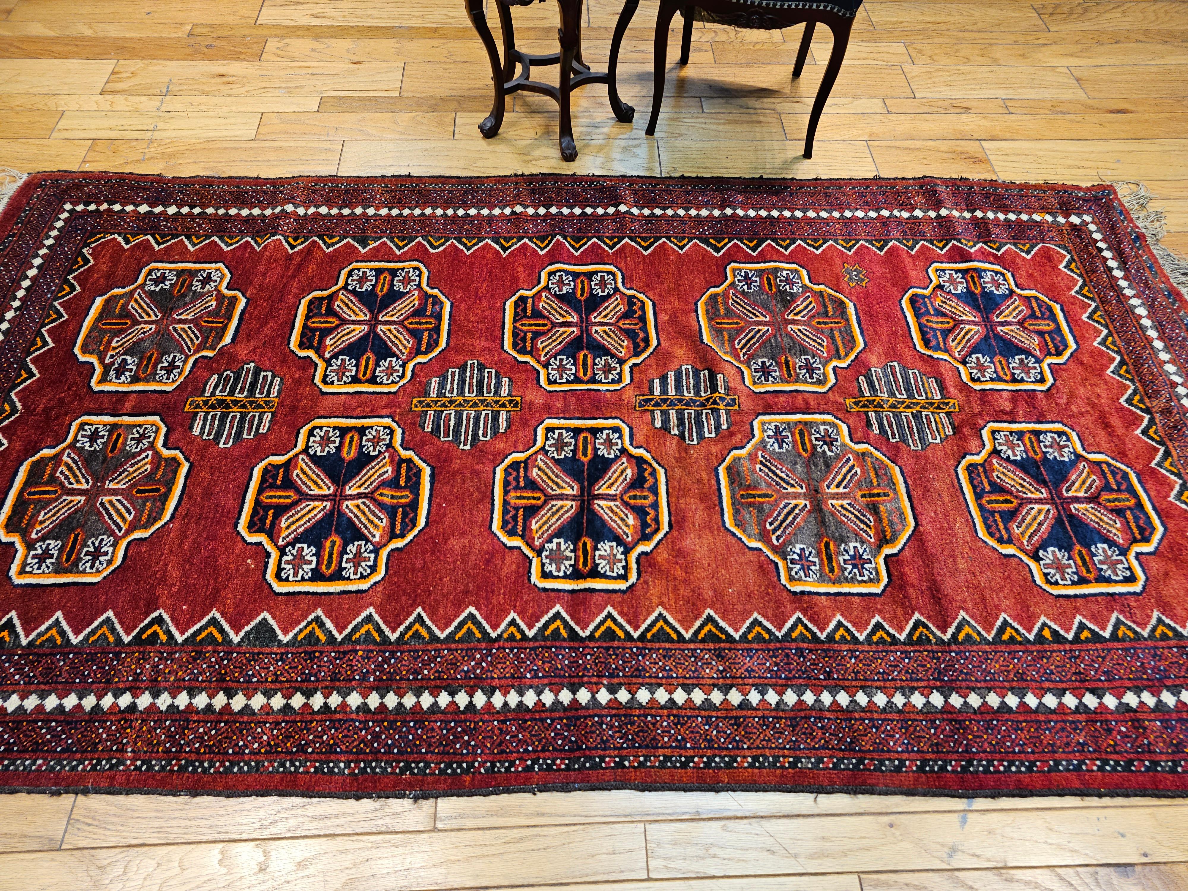 Afghan Tekke Bokhara, Vintage  In Allover Geometrisches Muster in Rot, Marineblau, Grau im Angebot 7