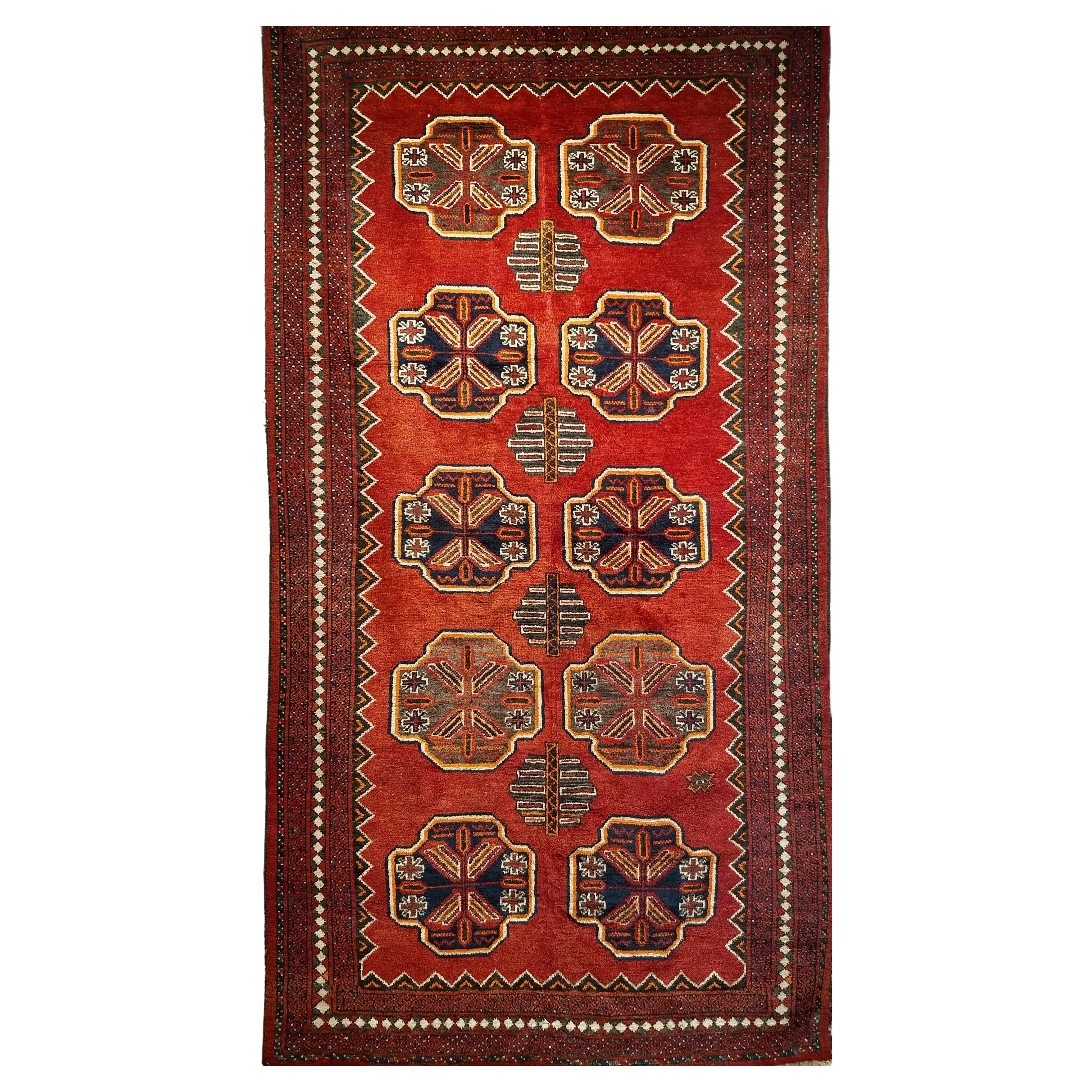 Afghan Tekke Bokhara, Vintage  In Allover Geometrisches Muster in Rot, Marineblau, Grau im Angebot