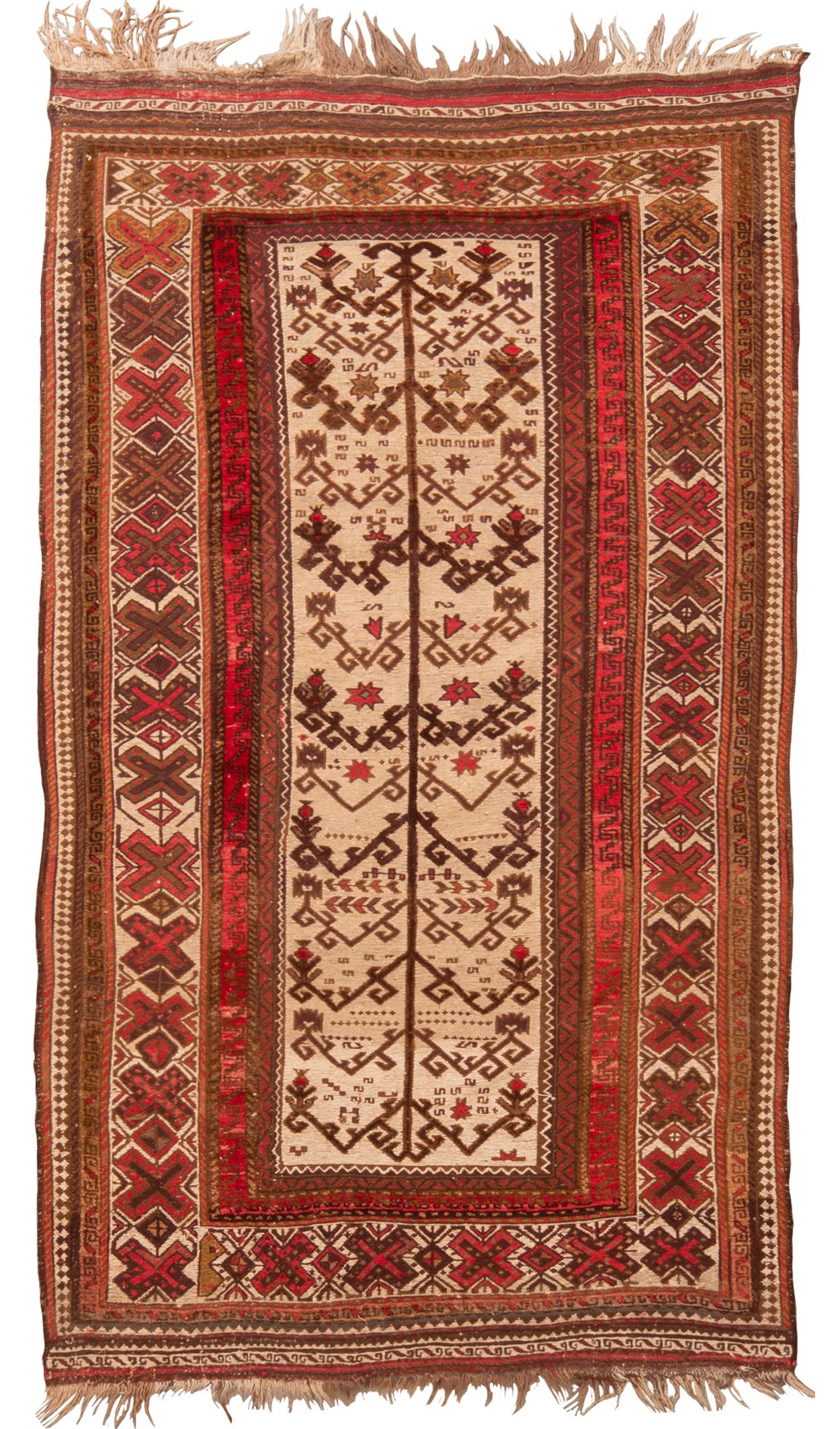 Originating from Afghanistan in 1970, this vintage transitional Afghan Kilim features a combination of distinct and uncommon Persian symbols in its all-over field design. Flat-woven in a tight wool pile, the field motif employs a geometric floral