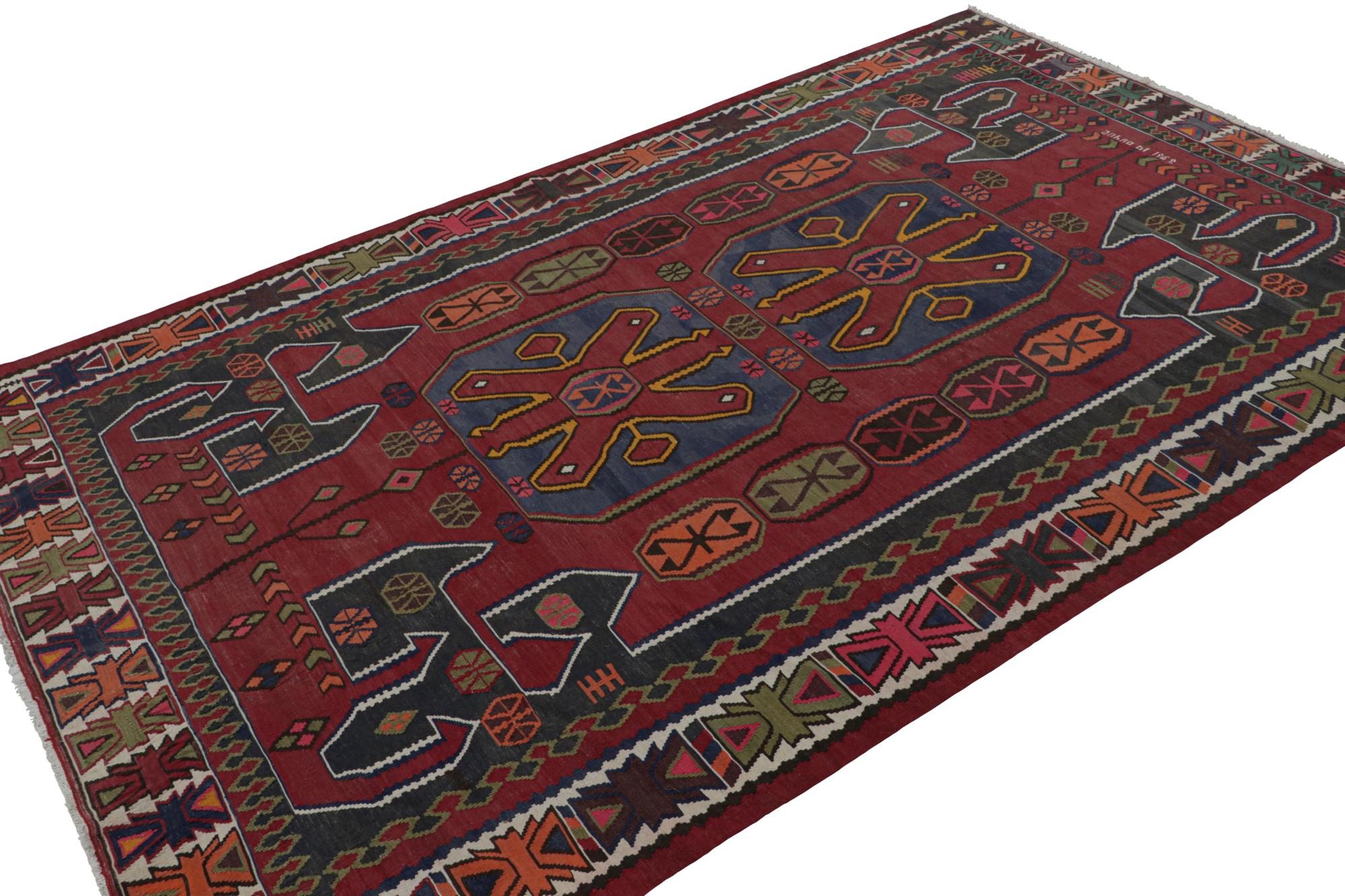 Hand knotted in wool, this 6x9 vintage Afghan tribal kilim rug with its all over geometric patterns, is a very special collectible piece of unusual orientation, according to our Principal, Jahanshah Nazmiyal. 

On the Design: 

This design enjoys