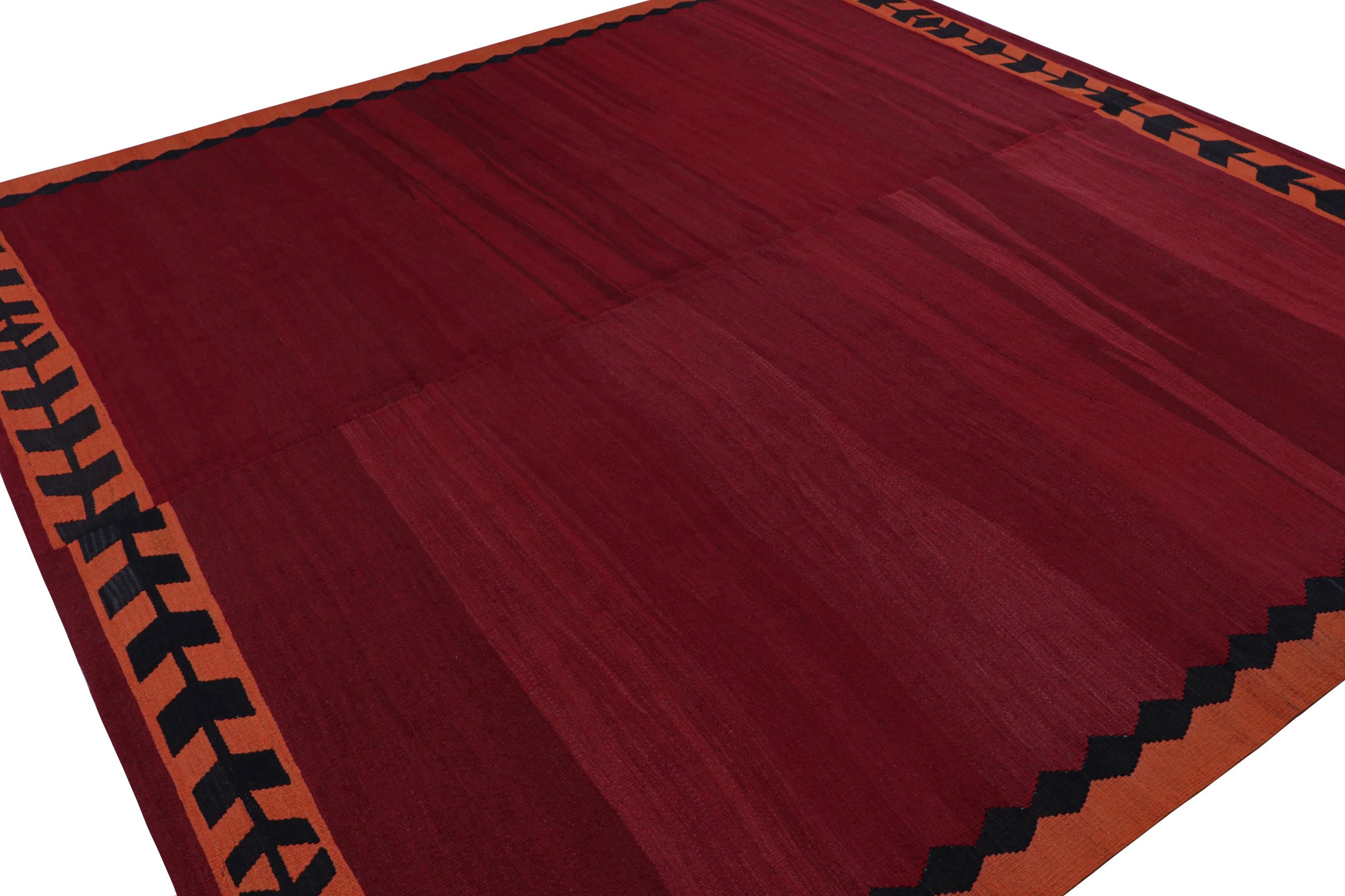 Handwoven in wool circa 1950-1960, this 10x10 vintage Afghan kilim is a new curation from Rug & Kilim’s collection. 

On the Design:

This particular rare piece enjoys a rich red open field with an extremely minimal border. The constitution embraces