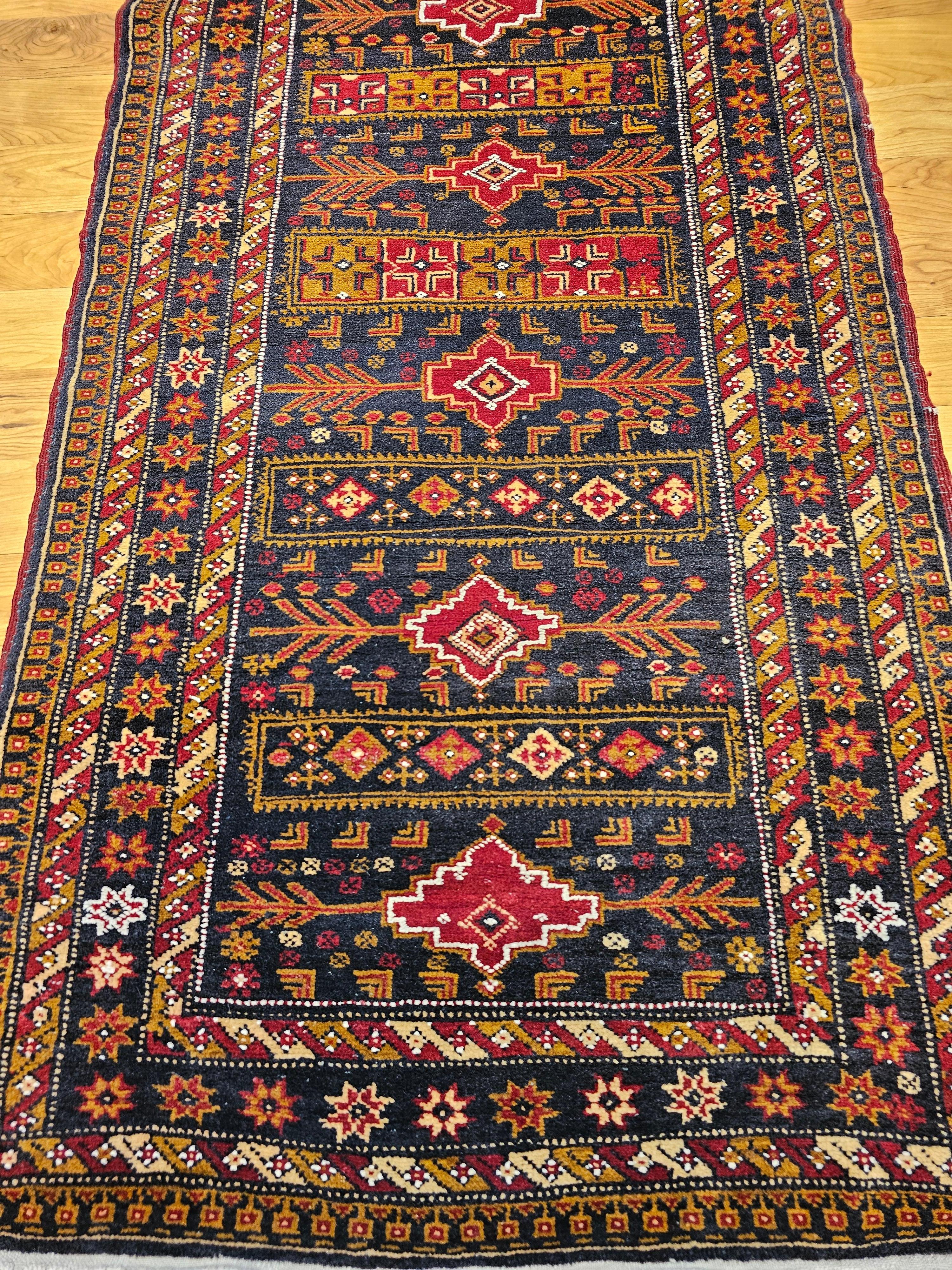 Vintage Afghan Tribal Runner in Geometric Pattern in Blue, Red, Gold, Ivory For Sale 10