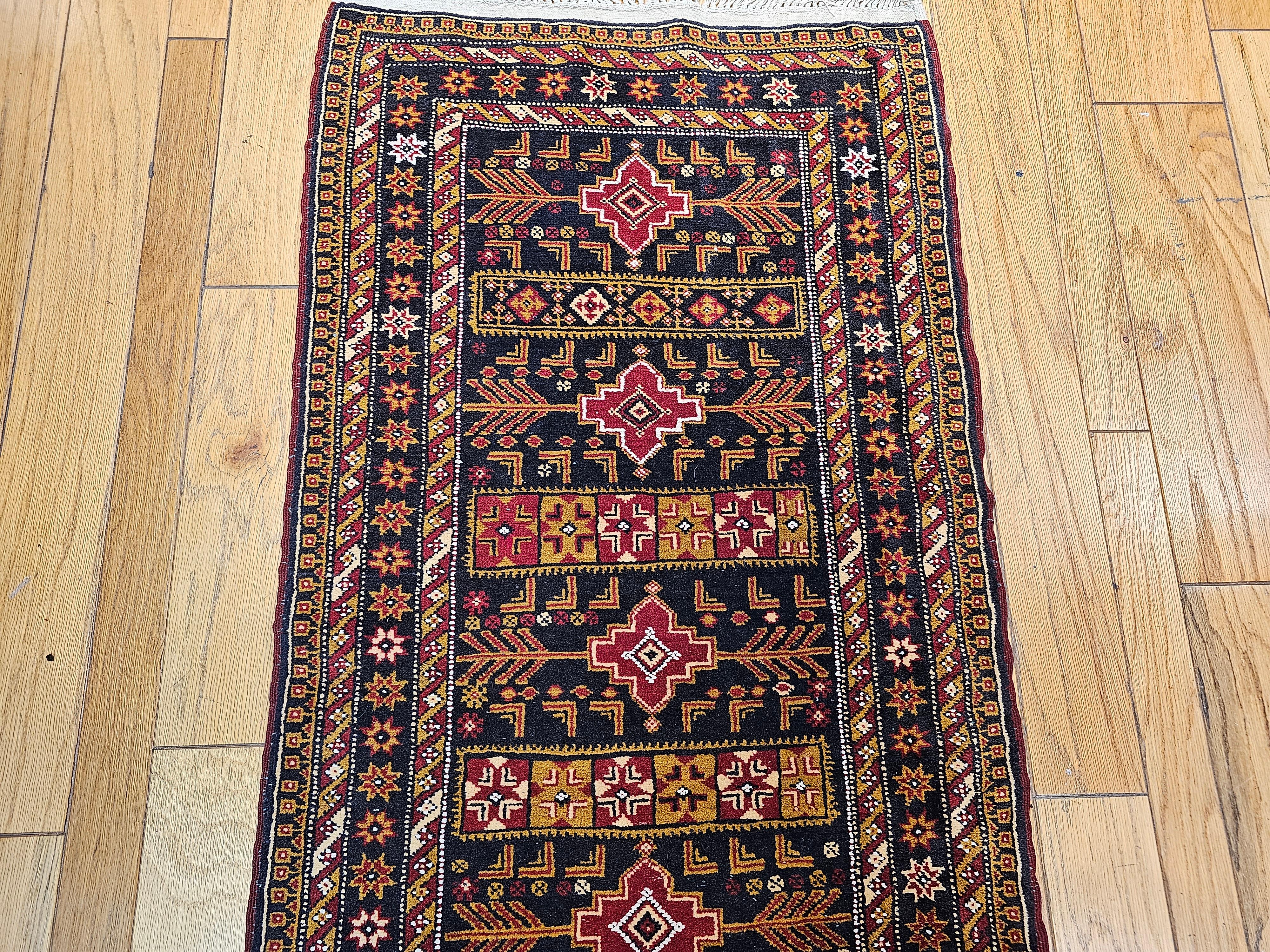 Hand-Knotted Vintage Afghan Tribal Runner in Geometric Pattern in Blue, Red, Gold, Ivory For Sale