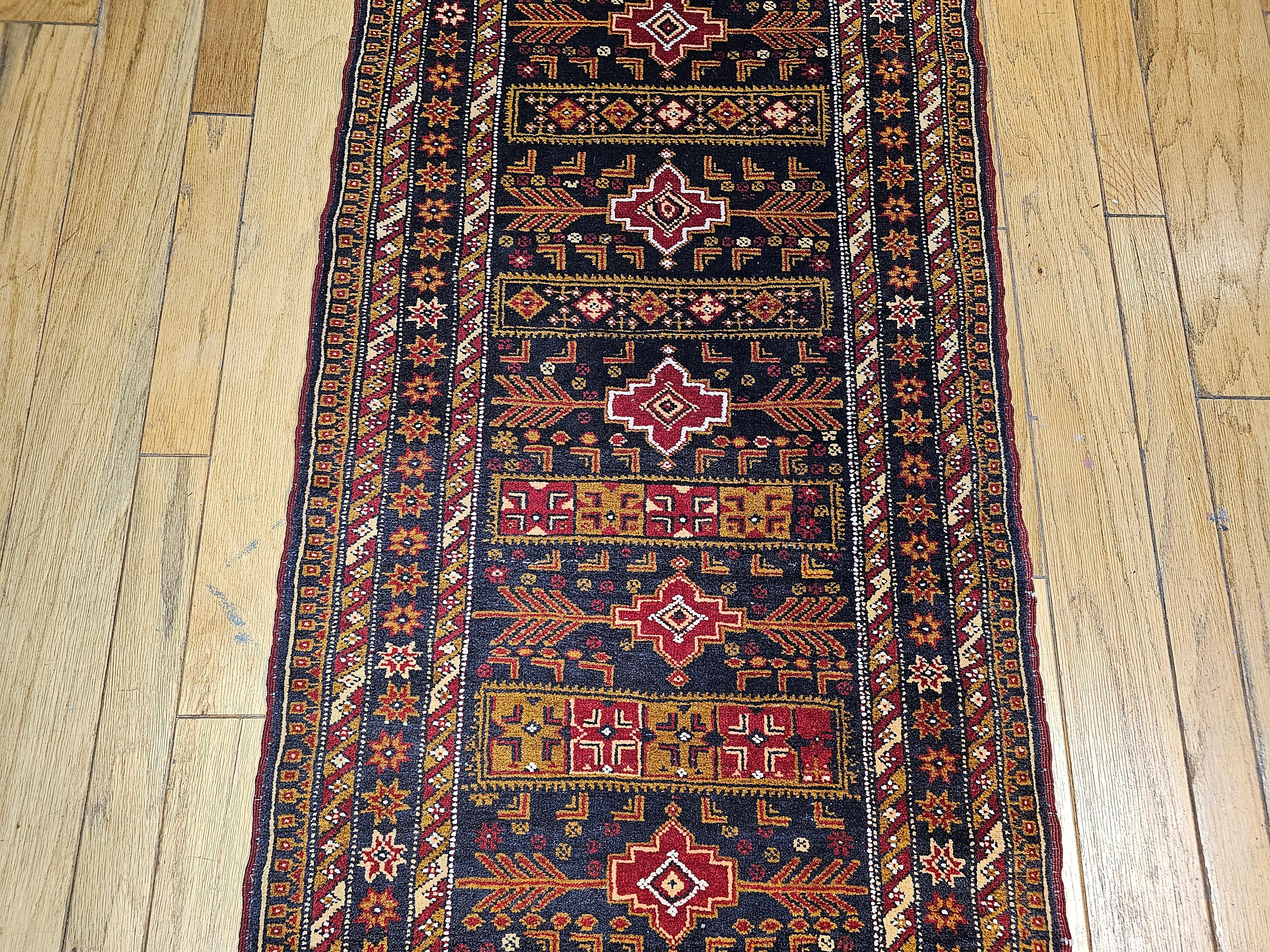 Vintage Afghan Tribal Runner in Geometric Pattern in Blue, Red, Gold, Ivory In Good Condition For Sale In Barrington, IL