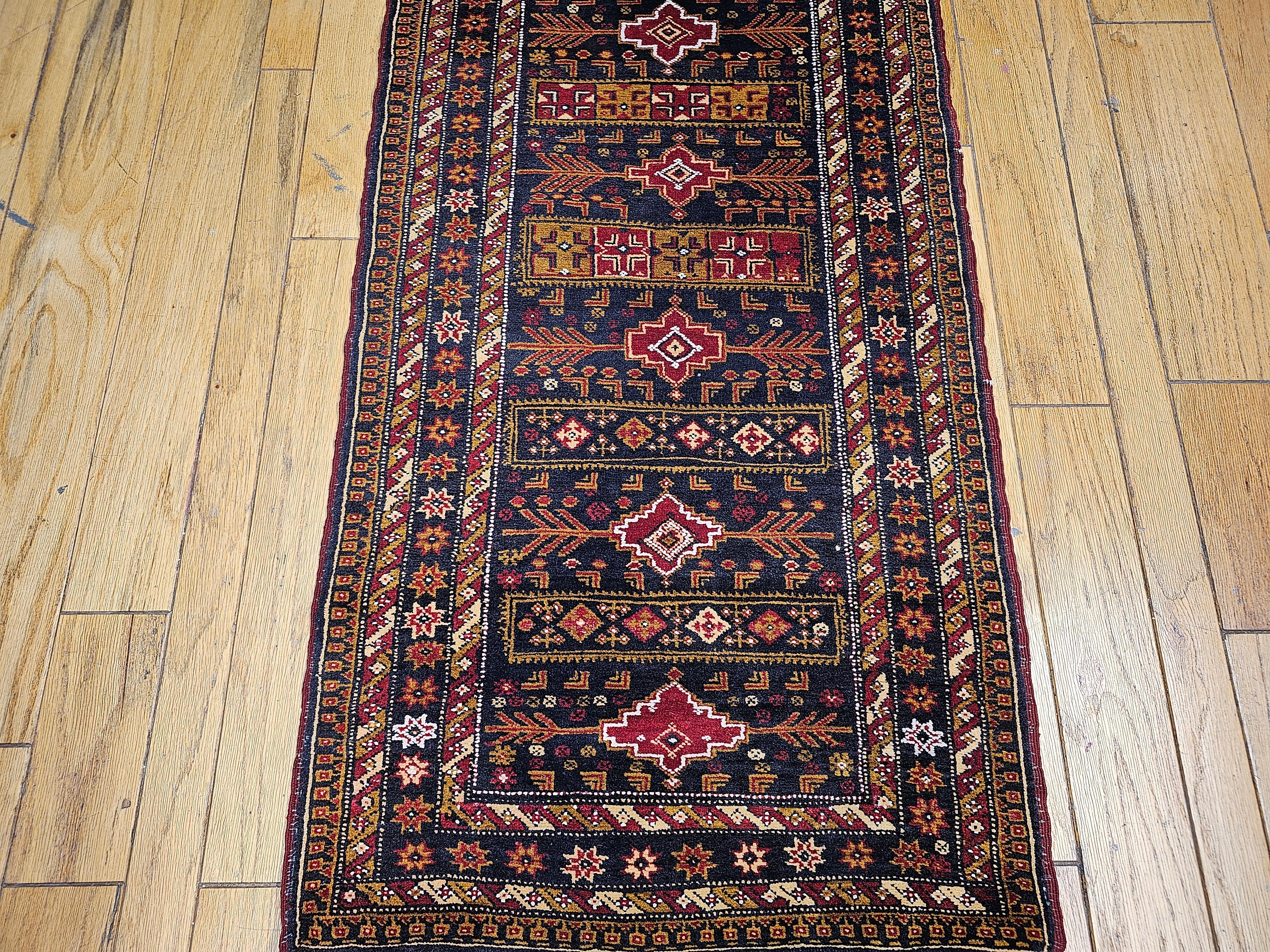 20th Century Vintage Afghan Tribal Runner in Geometric Pattern in Blue, Red, Gold, Ivory For Sale