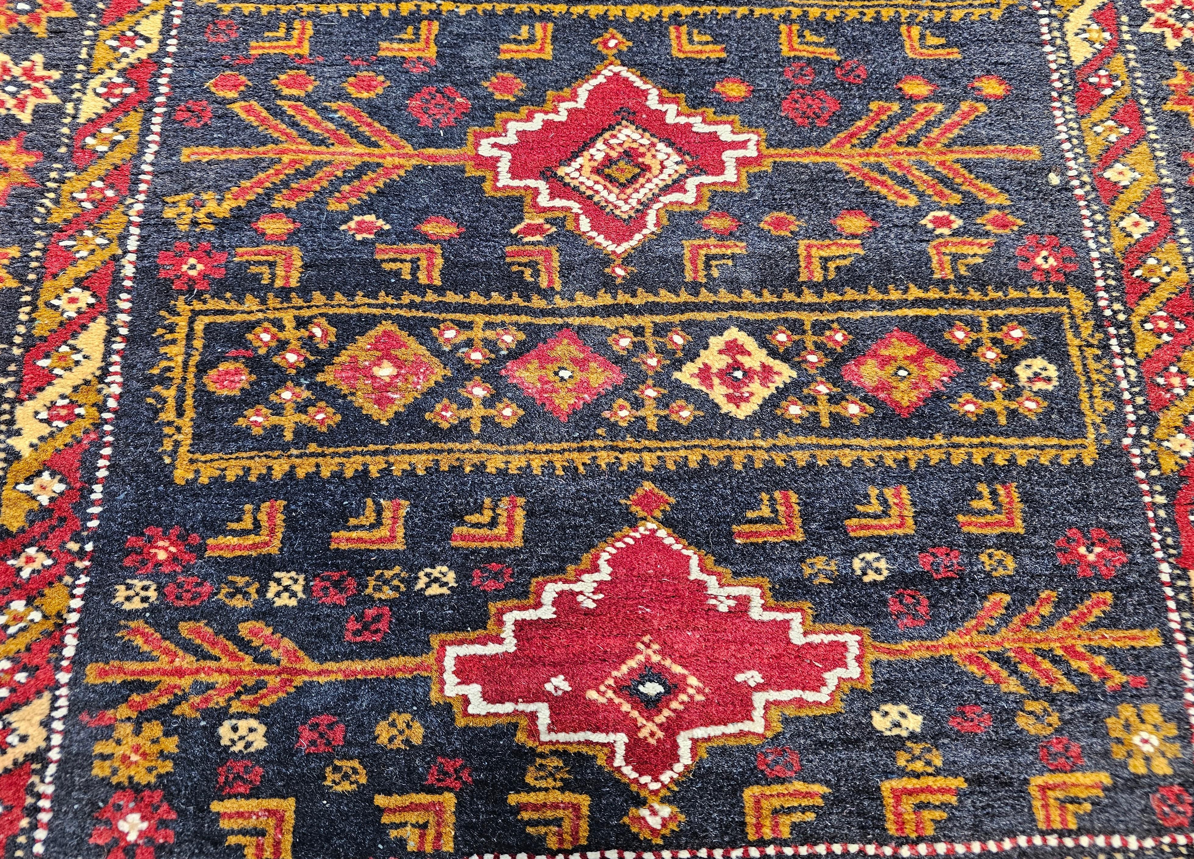 Vintage Afghan Tribal Runner in Geometric Pattern in Blue, Red, Gold, Ivory For Sale 1