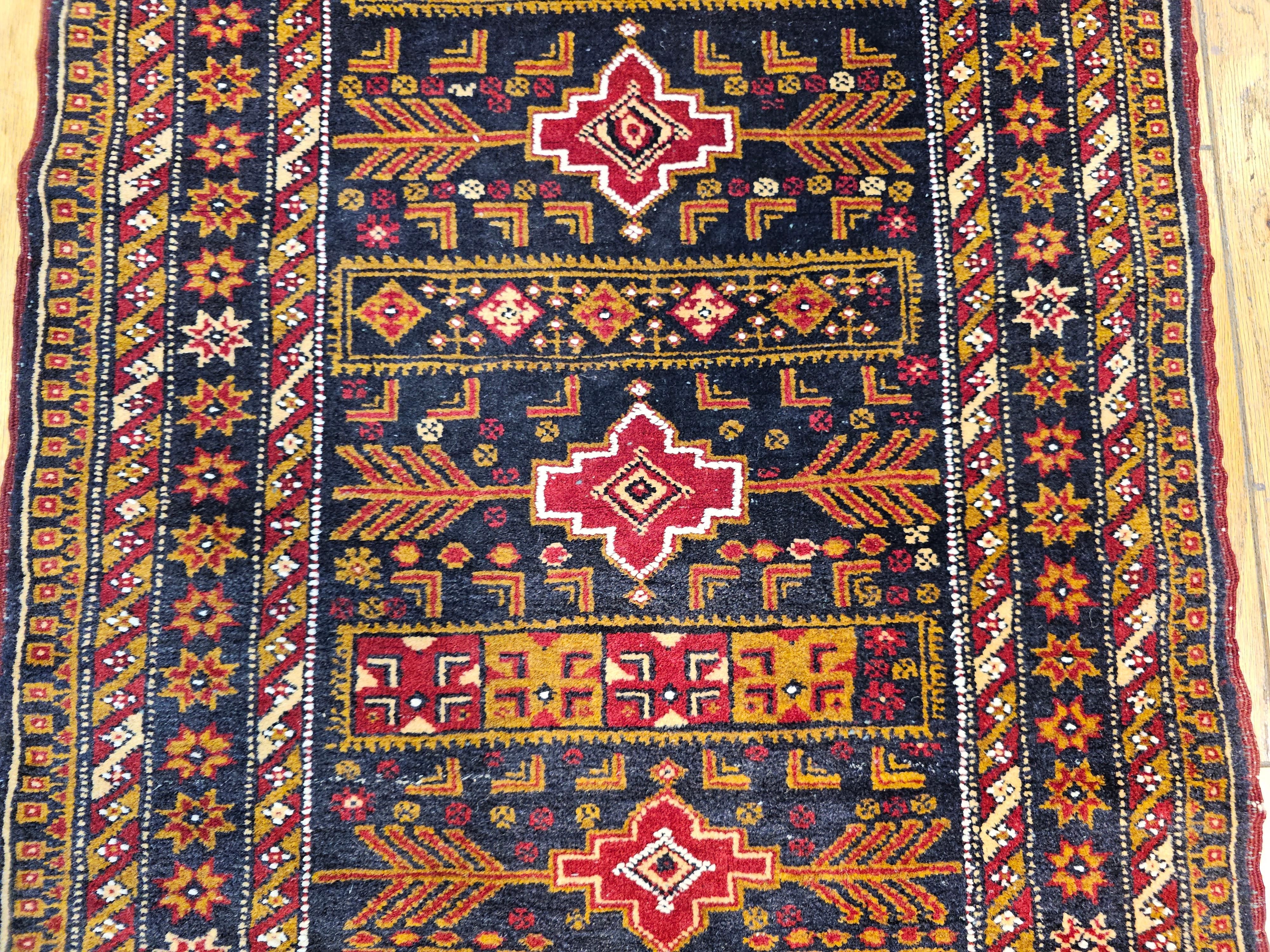 Vintage Afghan Tribal Runner in Geometric Pattern in Blue, Red, Gold, Ivory For Sale 2